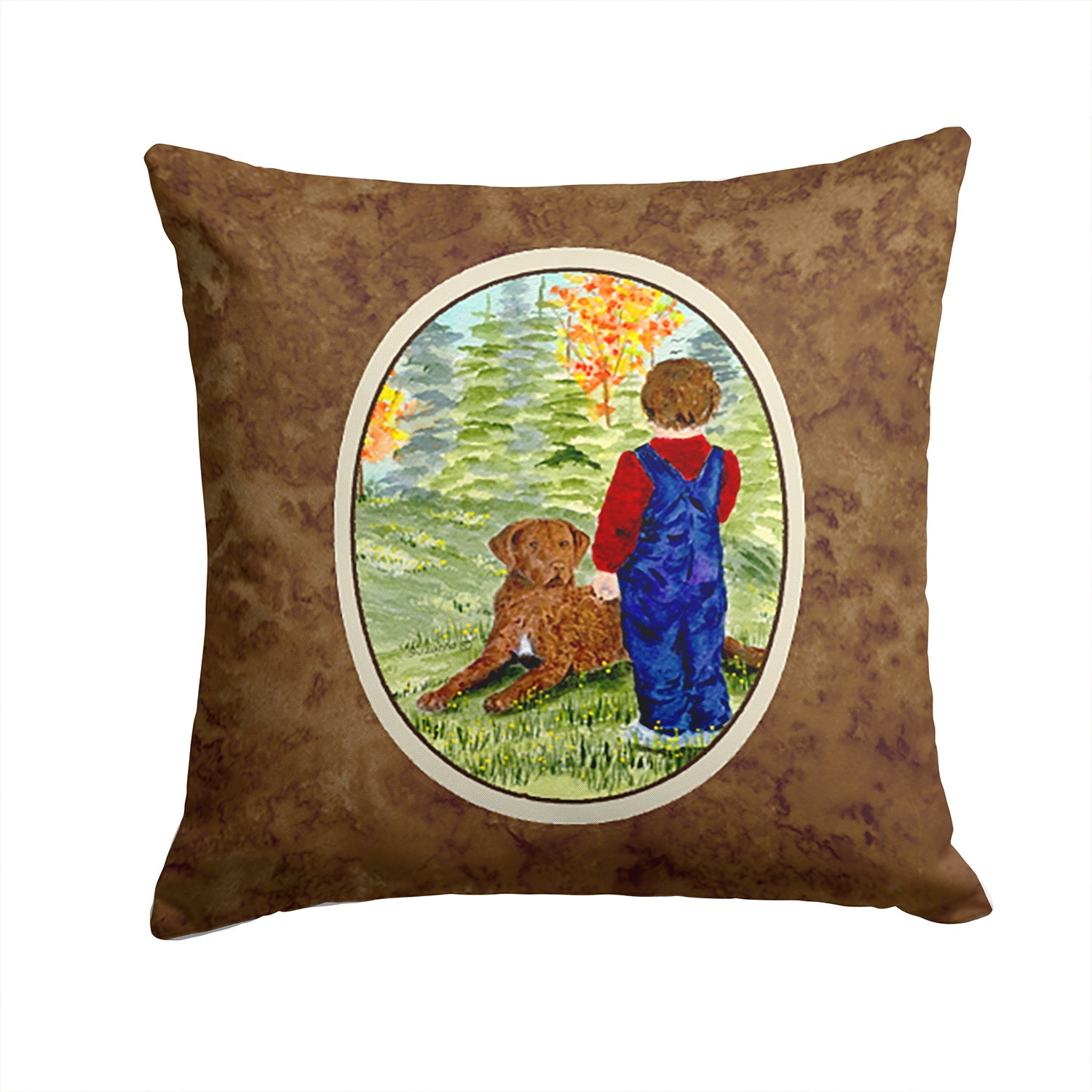 Little boy with his Chesapeake Bay Retriever Decorative Throw Pillow 14x14 Indoor Outdoor Accent Cushion, Fabric Cover with Insert for Sofa, Bed, Porch & Living Room