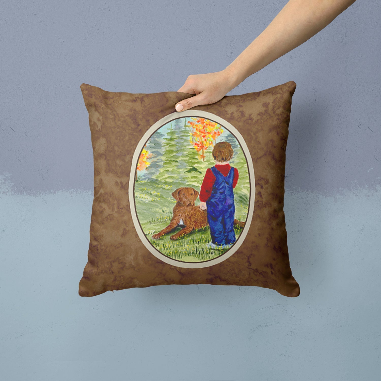 Little boy with his Chesapeake Bay Retriever Decorative Throw Pillow 14x14 Indoor Outdoor Accent Cushion, Fabric Cover with Insert for Sofa, Bed, Porch & Living Room