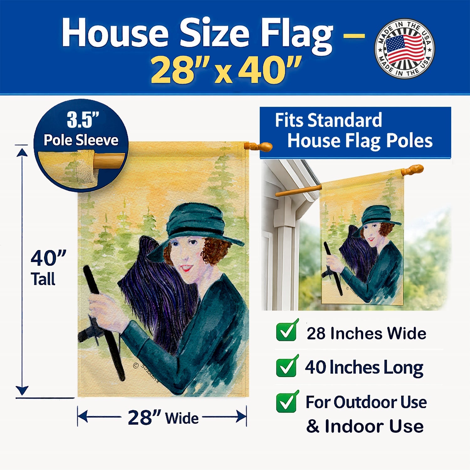 Lady driving with her Briard House Flag 28x40 Porch Sleeve Pole Decorative Outside Yard Banner Artwork Wall Hanging, Polyester