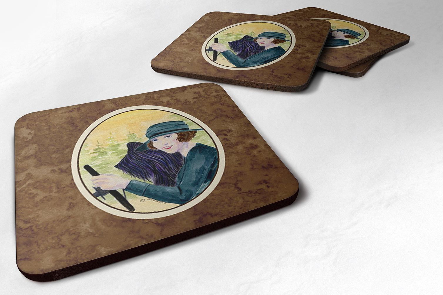 Lady driving with her Briard Foam Coasters Set of 4 Cup Coasters for Indoor Outdoor, Tabletop Protection, Anti Slip, Mouse pad Material