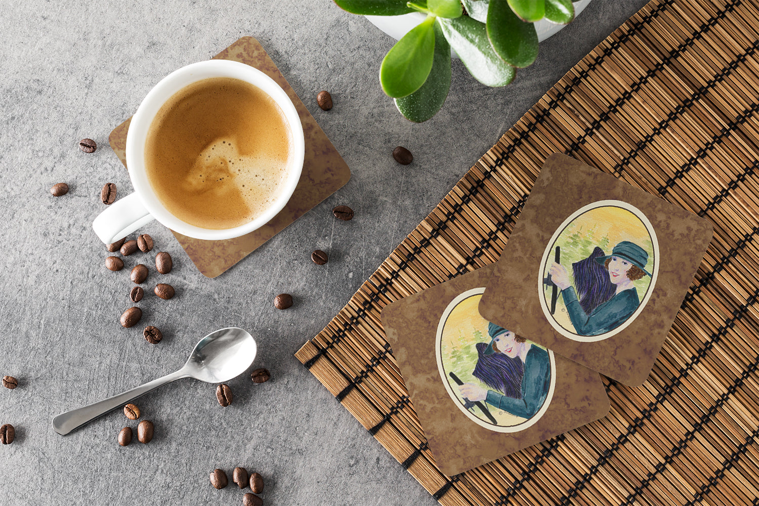 Lady driving with her Briard Foam Coasters Set of 4 Cup Coasters for Indoor Outdoor, Tabletop Protection, Anti Slip, Mouse pad Material