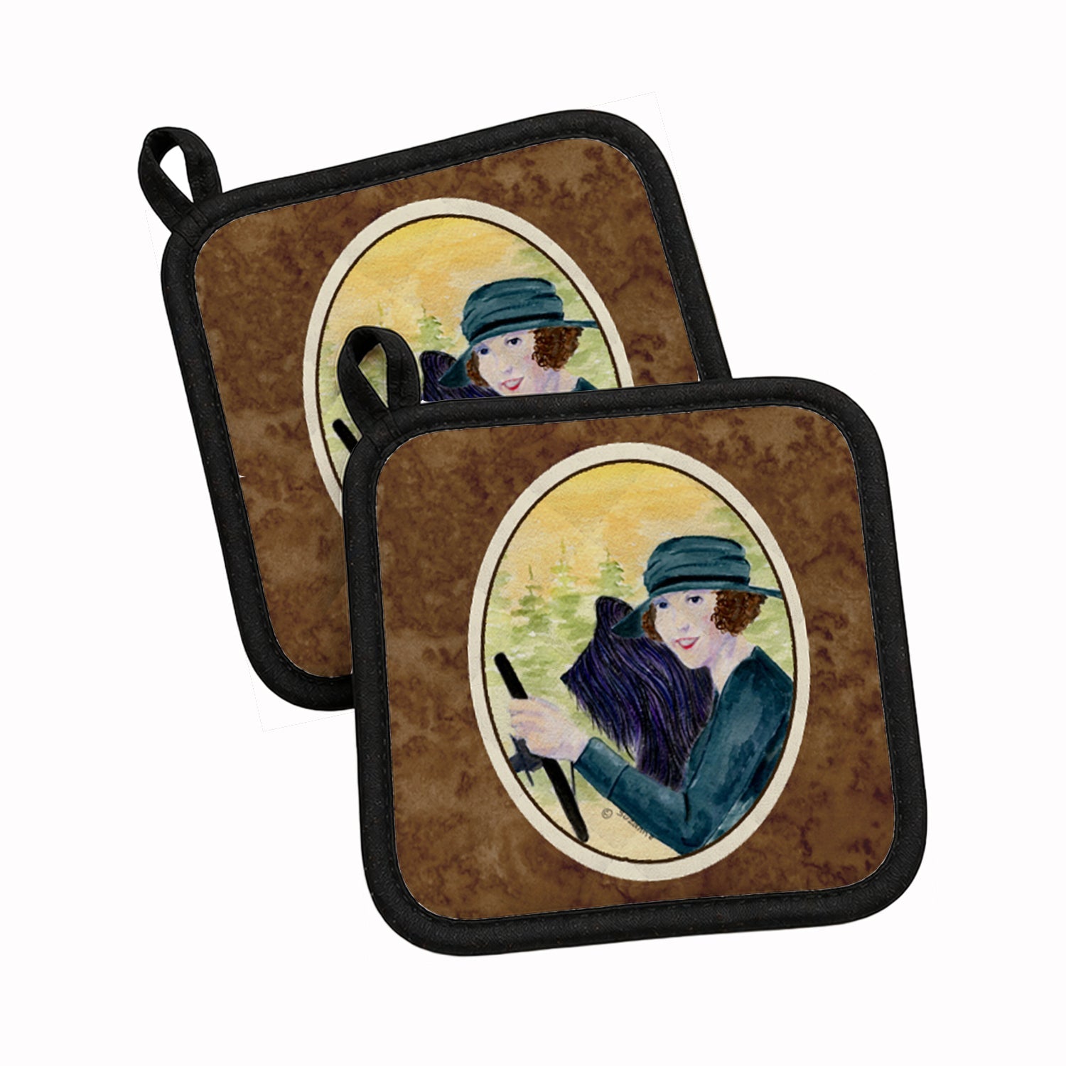 Lady driving with her Briard Pot Holder Set of 2 Heat Resistant Quilted Hot Pads 7.5 x 7.5 Inch, Insulated Kitchen Trivets for Cooking & Baking
