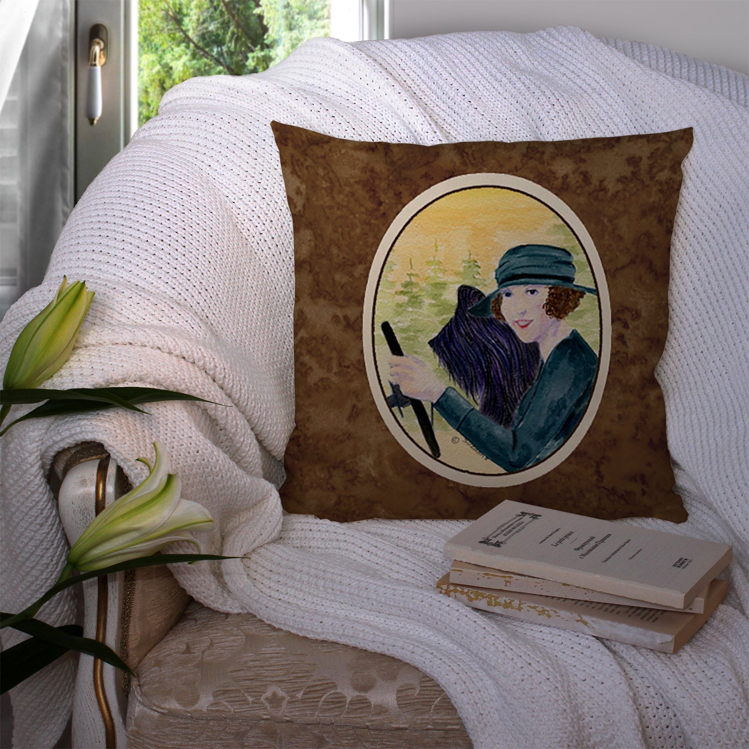 Lady driving with her Briard Decorative Throw Pillow 14x14 Indoor Outdoor Accent Cushion, Fabric Cover with Insert for Sofa, Bed, Porch & Living Room