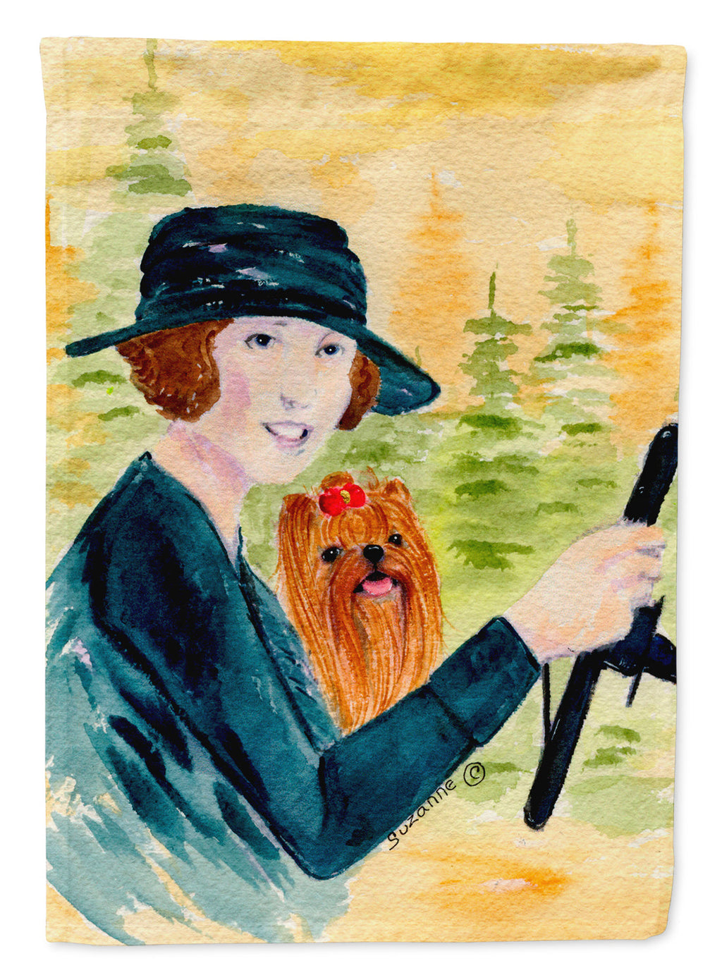 Lady driving with her Yorkie House Flag 28x40 Porch Sleeve Pole Decorative Outside Yard Banner Artwork Wall Hanging, Polyester