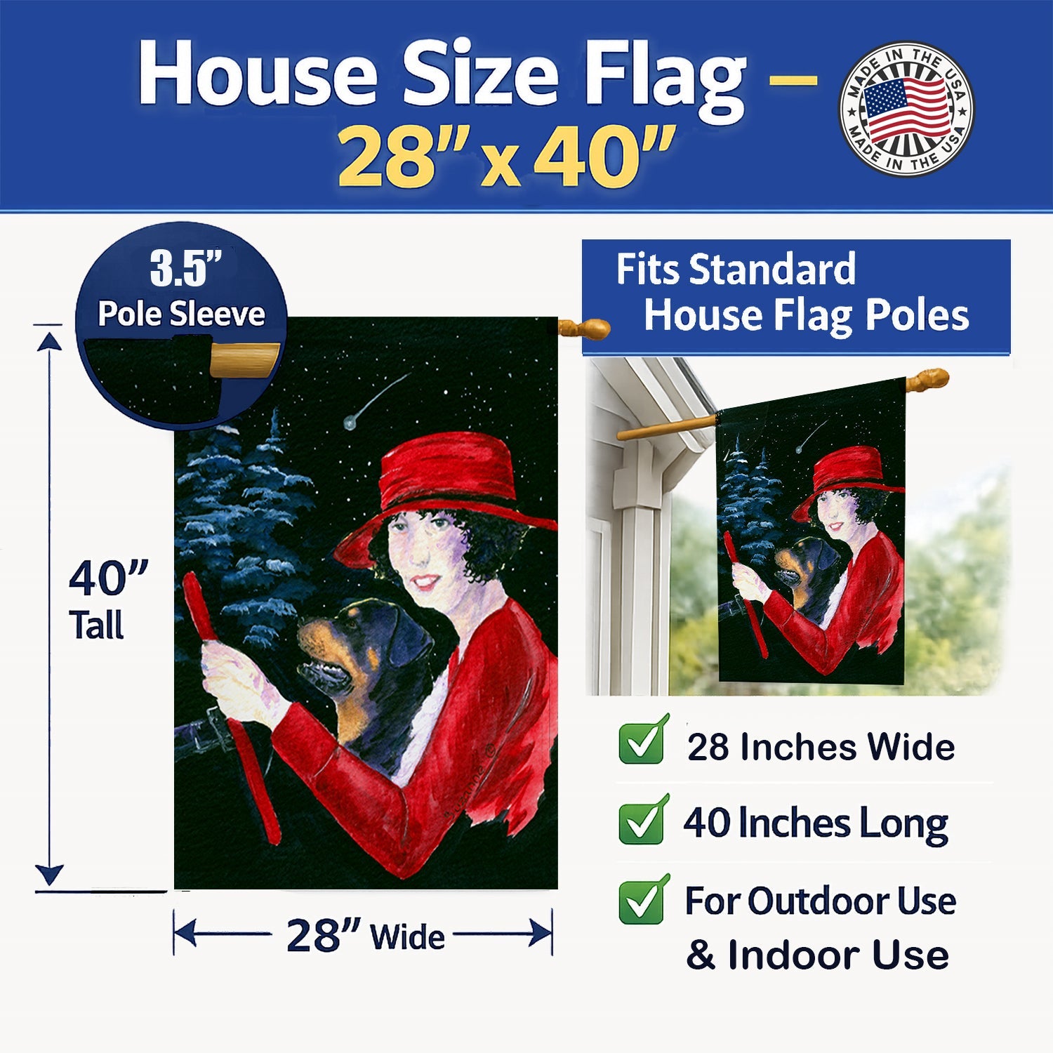 Lady driving with her Rottweiler House Flag 28x40 Porch Sleeve Pole Decorative Outside Yard Banner Artwork Wall Hanging, Polyester