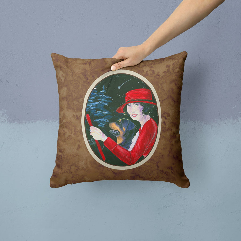 Lady driving with her Rottweiler Decorative Throw Pillow 14x14 Indoor Outdoor Accent Cushion, Fabric Cover with Insert for Sofa, Bed, Porch & Living Room