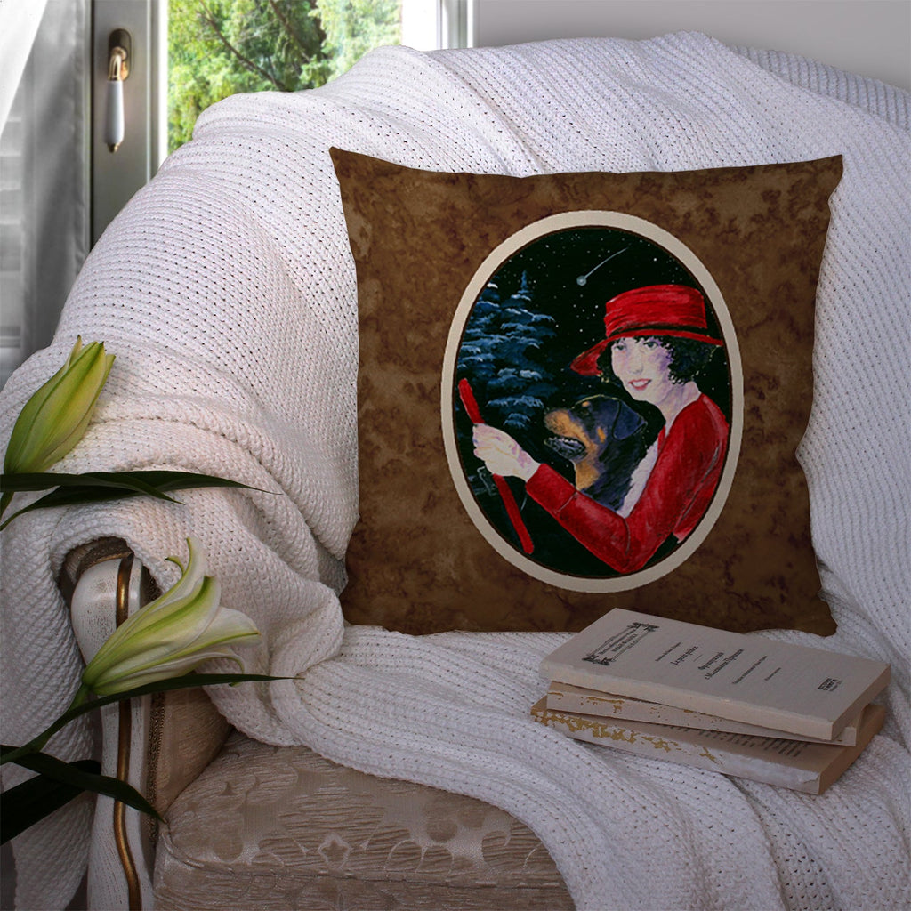 Lady driving with her Rottweiler Decorative Throw Pillow 14x14 Indoor Outdoor Accent Cushion, Fabric Cover with Insert for Sofa, Bed, Porch & Living Room