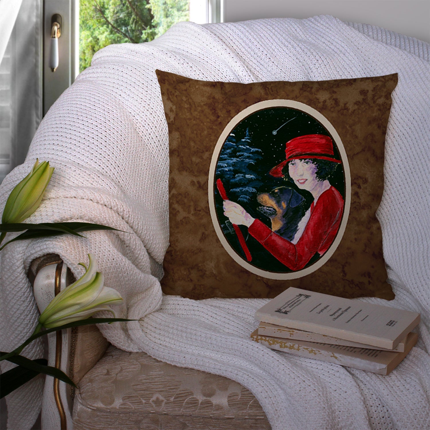 Lady driving with her Rottweiler Decorative Throw Pillow 14x14 Indoor Outdoor Accent Cushion, Fabric Cover with Insert for Sofa, Bed, Porch & Living Room