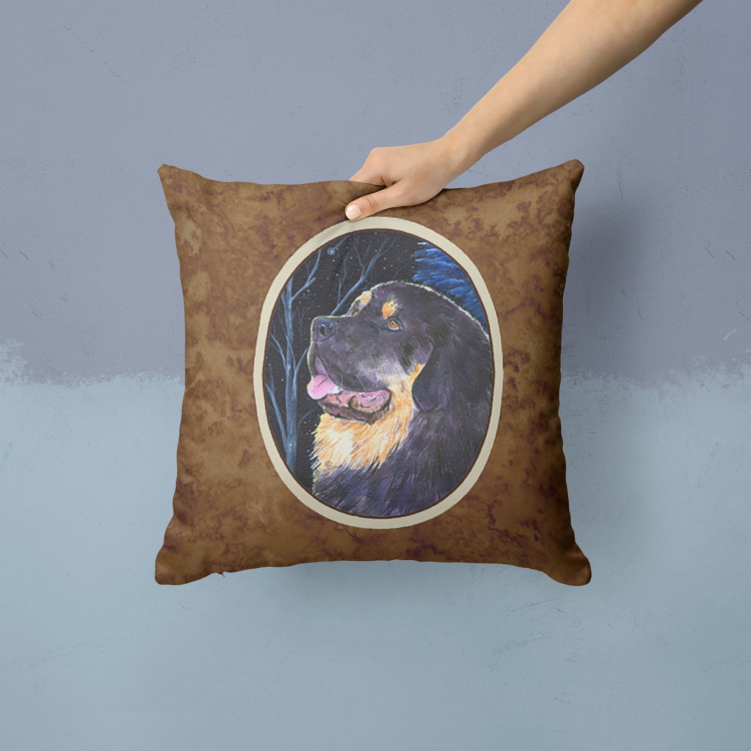 Starry Night Tibetan Mastiff Decorative Throw Pillow 14x14 Indoor Outdoor Accent Cushion, Fabric Cover with Insert for Sofa, Bed, Porch & Living Room