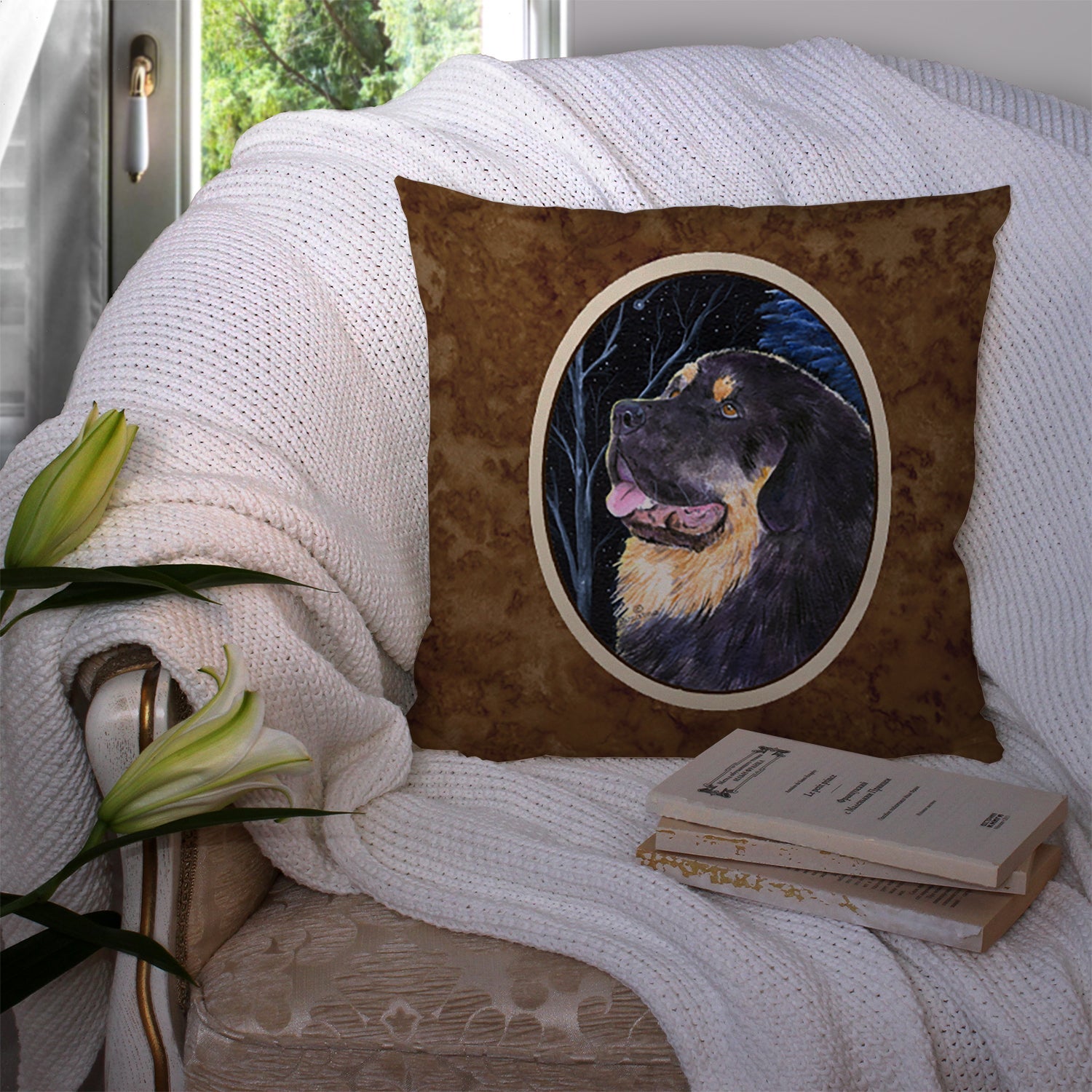 Starry Night Tibetan Mastiff Decorative Throw Pillow 14x14 Indoor Outdoor Accent Cushion, Fabric Cover with Insert for Sofa, Bed, Porch & Living Room