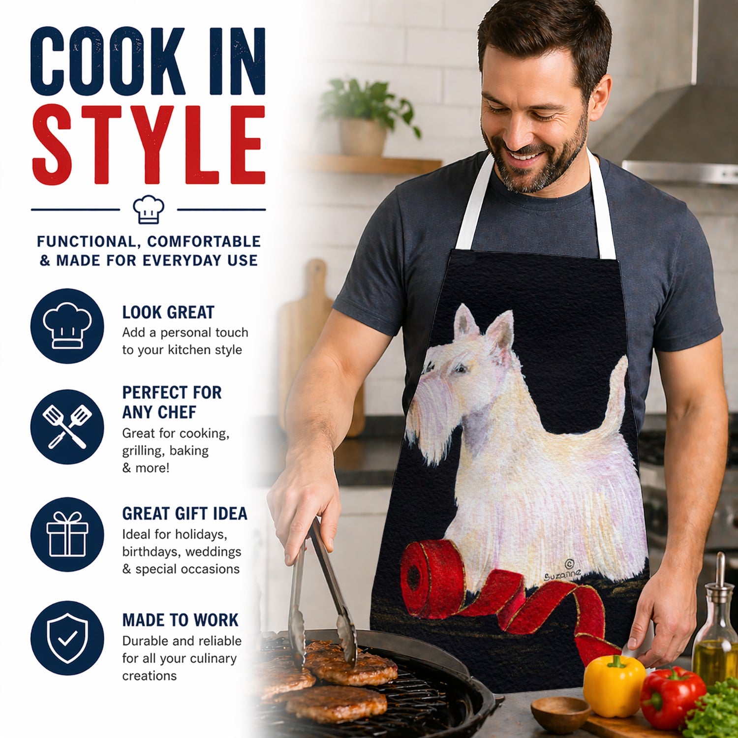 Scottish Terrier Apron Cooking Kitchen Server Baking Crafts Gardening for Adult Women Men, Unisex, Large, Multicolor