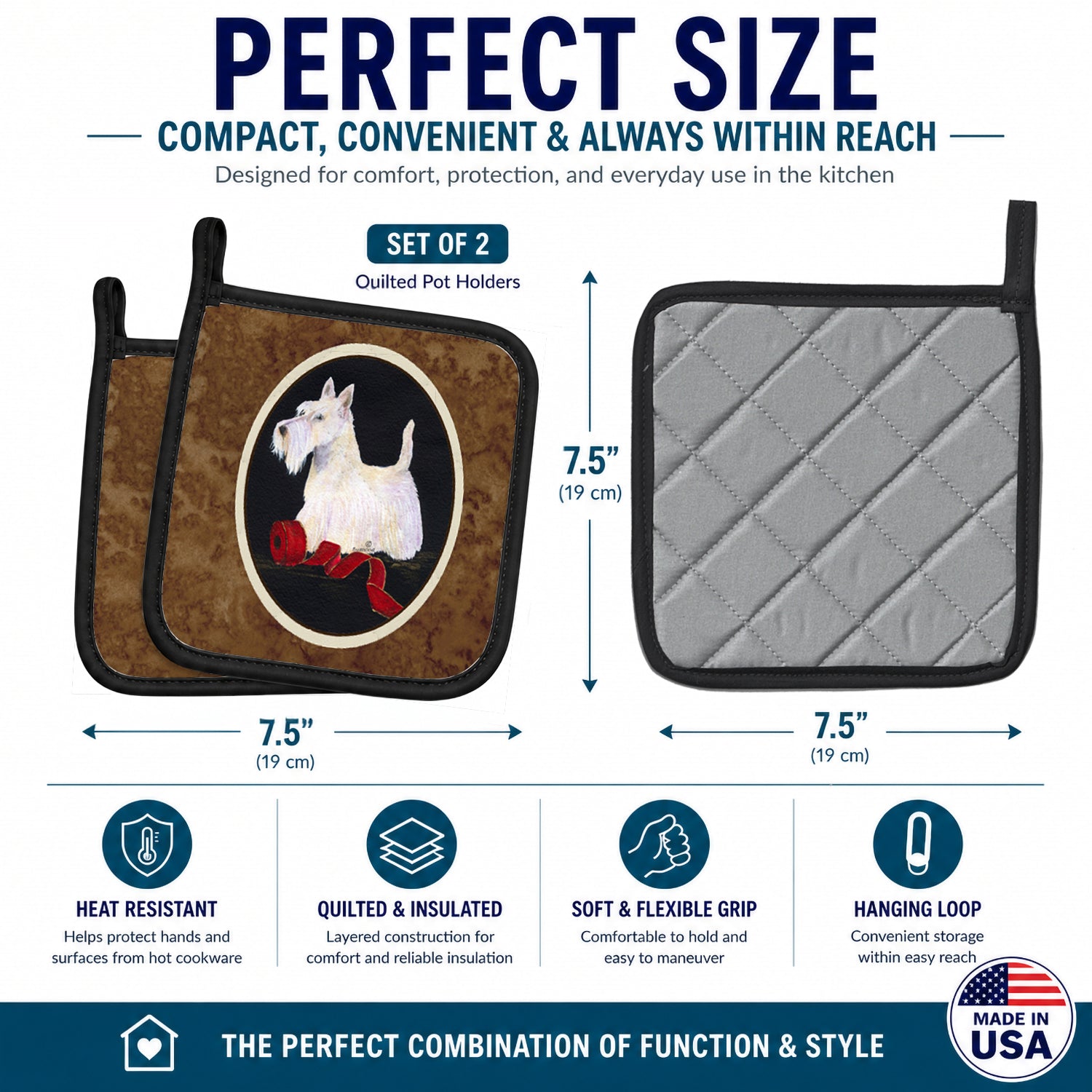 Scottish Terrier Pot Holder Set of 2 Heat Resistant Quilted Hot Pads 7.5 x 7.5 Inch, Insulated Kitchen Trivets for Cooking & Baking