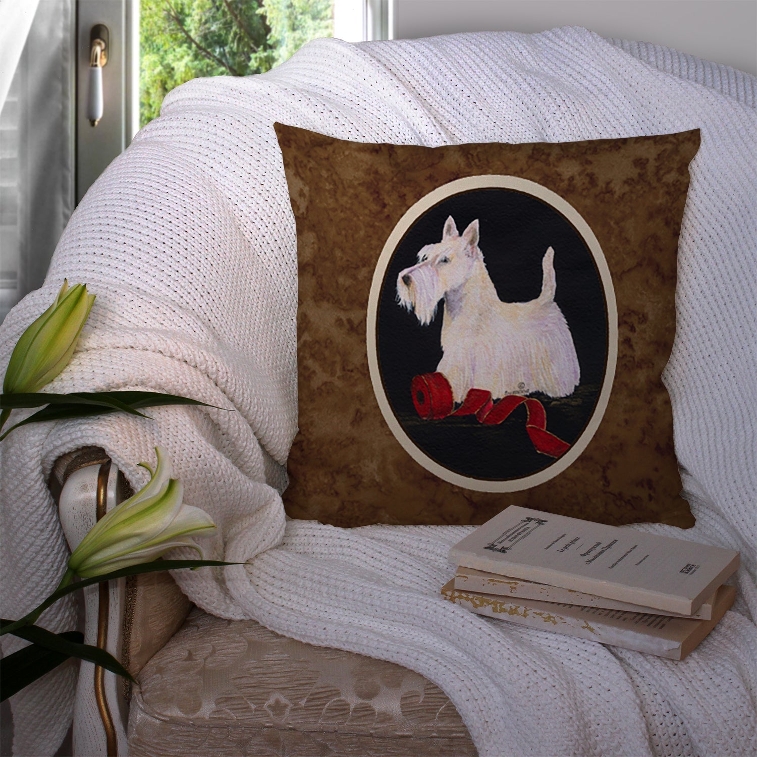 Scottish Terrier Decorative Throw Pillow 14x14 Indoor Outdoor Accent Cushion, Fabric Cover with Insert for Sofa, Bed, Porch & Living Room