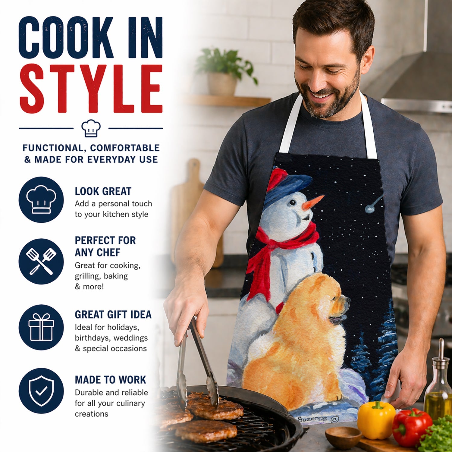 Snowman with Chow Chow Apron Cooking Kitchen Server Baking Crafts Gardening for Adult Women Men, Unisex, Large, Multicolor