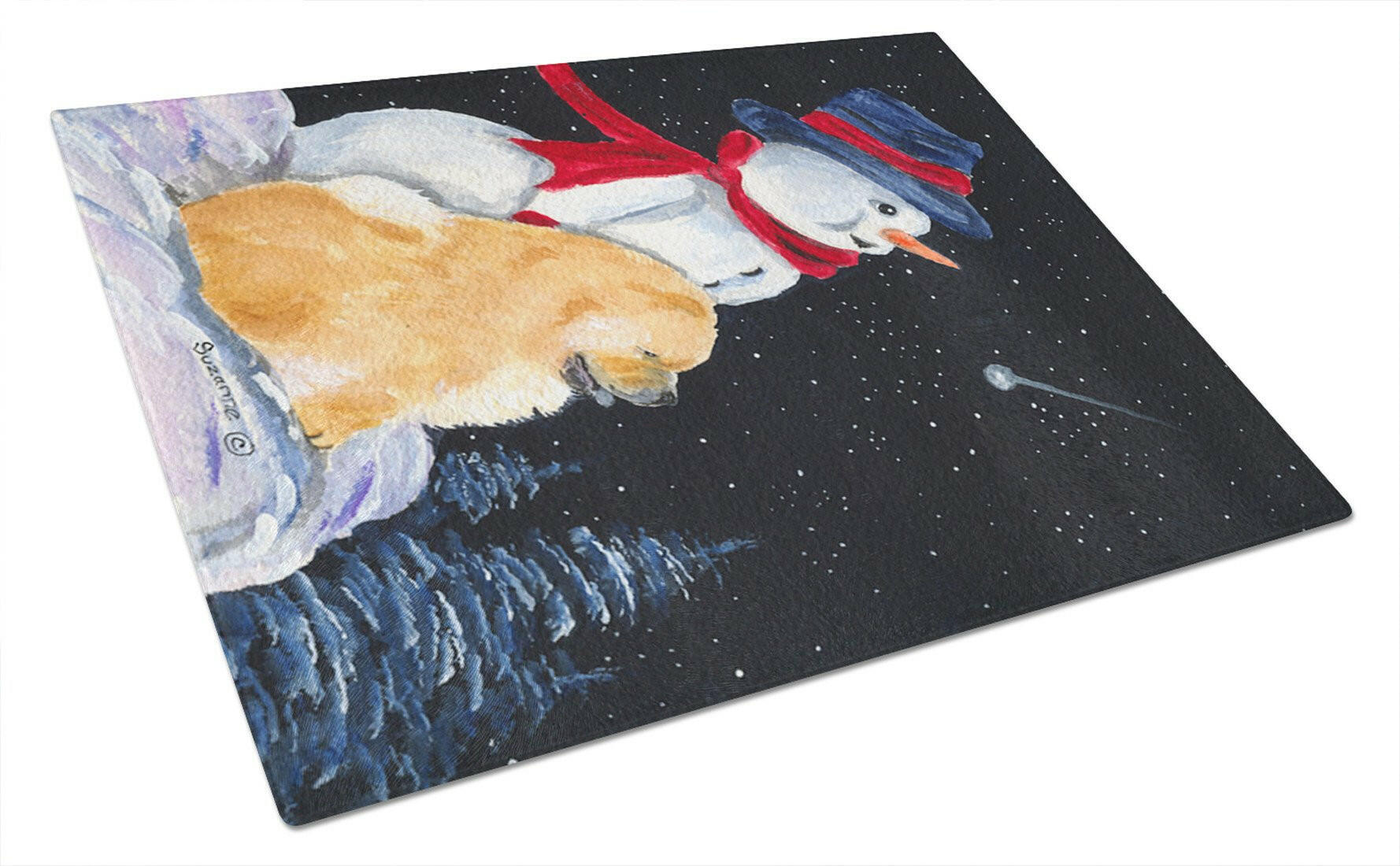 Snowman with Chow Chow Cutting Board Tempered Glass Kitchen Cutting Surface, Heat Resistant Chopping, Non-Slip Feet, Food Prep & Serving