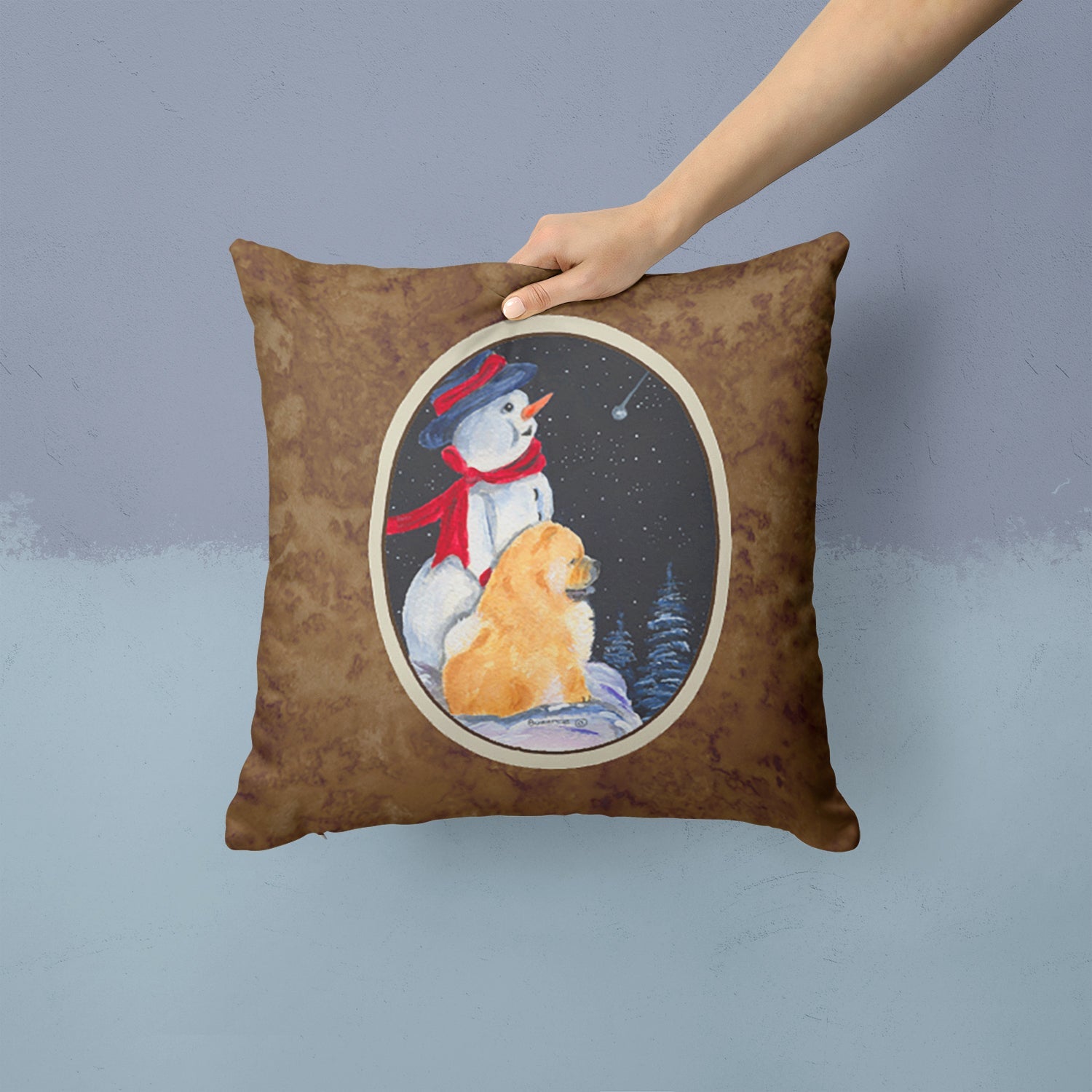 Snowman with Chow Chow Decorative Throw Pillow 14x14 Indoor Outdoor Accent Cushion, Fabric Cover with Insert for Sofa, Bed, Porch & Living Room