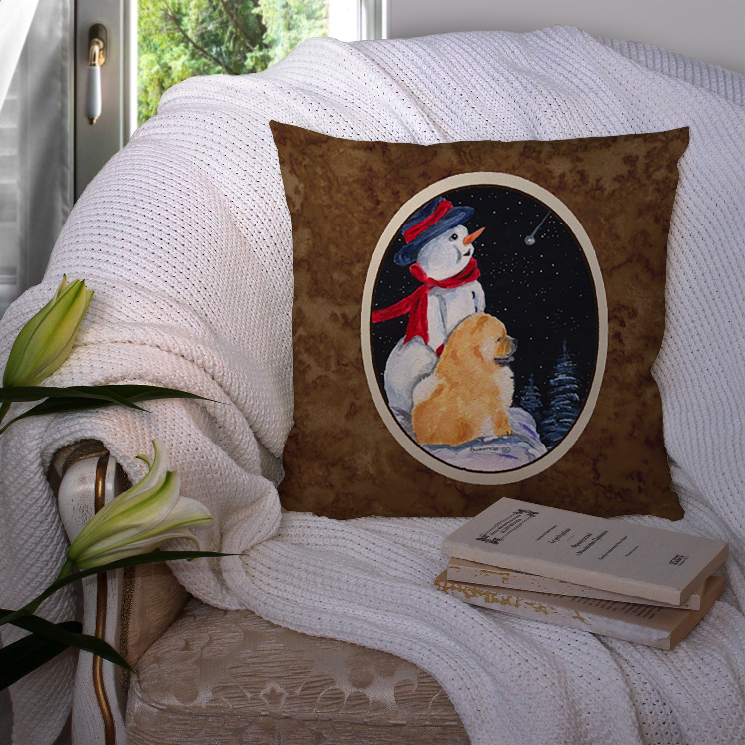Snowman with Chow Chow Decorative Throw Pillow 14x14 Indoor Outdoor Accent Cushion, Fabric Cover with Insert for Sofa, Bed, Porch & Living Room
