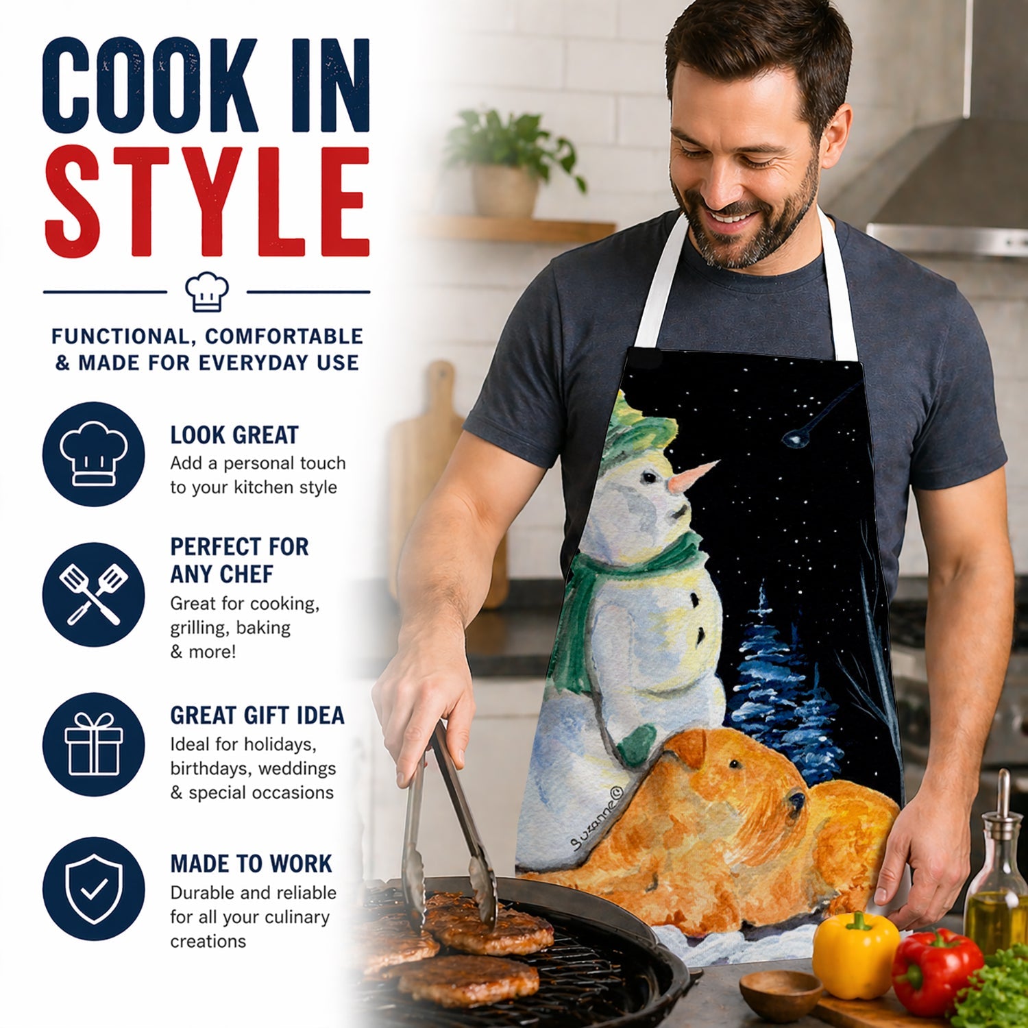 Snowman with Lakeland Terrier Apron Cooking Kitchen Server Baking Crafts Gardening for Adult Women Men, Unisex, Large, Multicolor