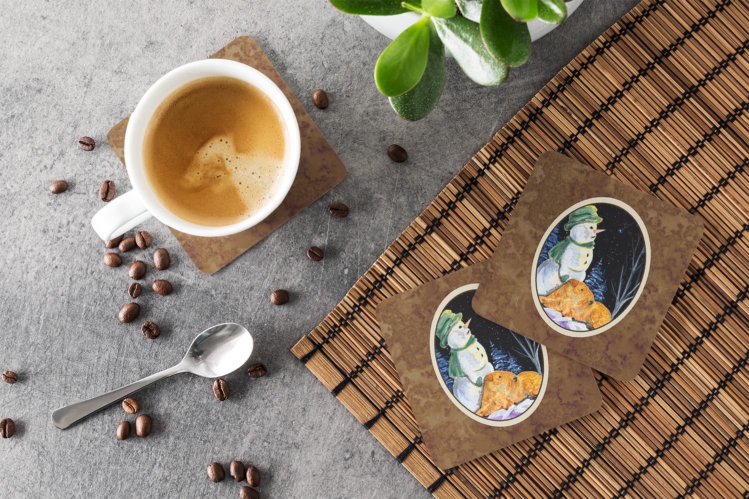 Snowman with Lakeland Terrier Foam Coasters Set of 4 Cup Coasters for Indoor Outdoor, Tabletop Protection, Anti Slip, Mouse pad Material
