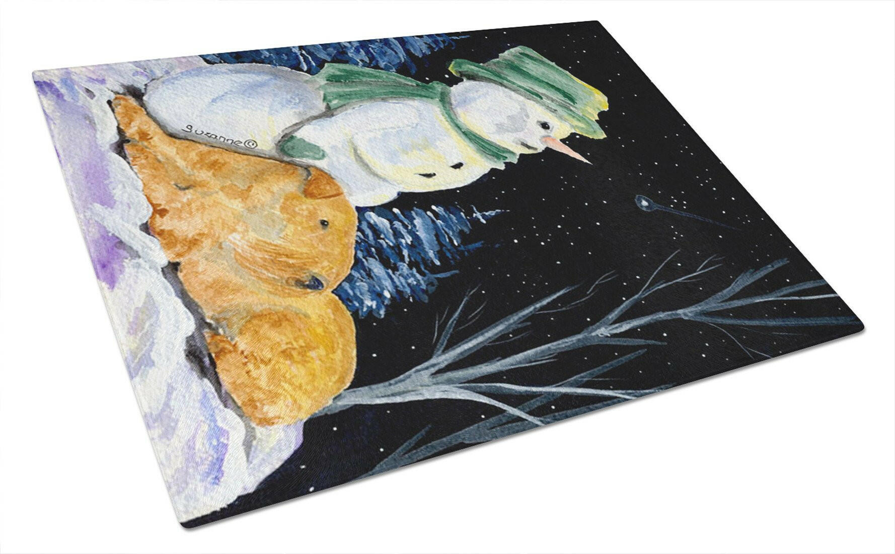 Snowman with Lakeland Terrier Cutting Board Tempered Glass Kitchen Cutting Surface, Heat Resistant Chopping, Non-Slip Feet, Food Prep & Serving