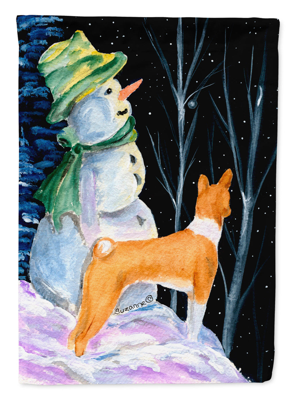 Snowman with Basenji House Flag 28x40 Porch Sleeve Pole Decorative Outside Yard Banner Artwork Wall Hanging, Polyester