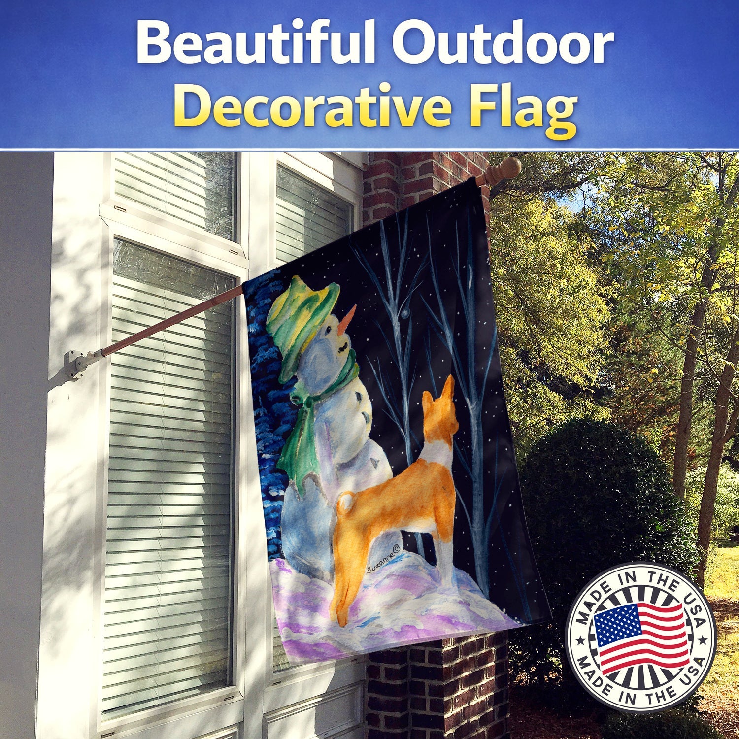 Snowman with Basenji House Flag 28x40 Porch Sleeve Pole Decorative Outside Yard Banner Artwork Wall Hanging, Polyester
