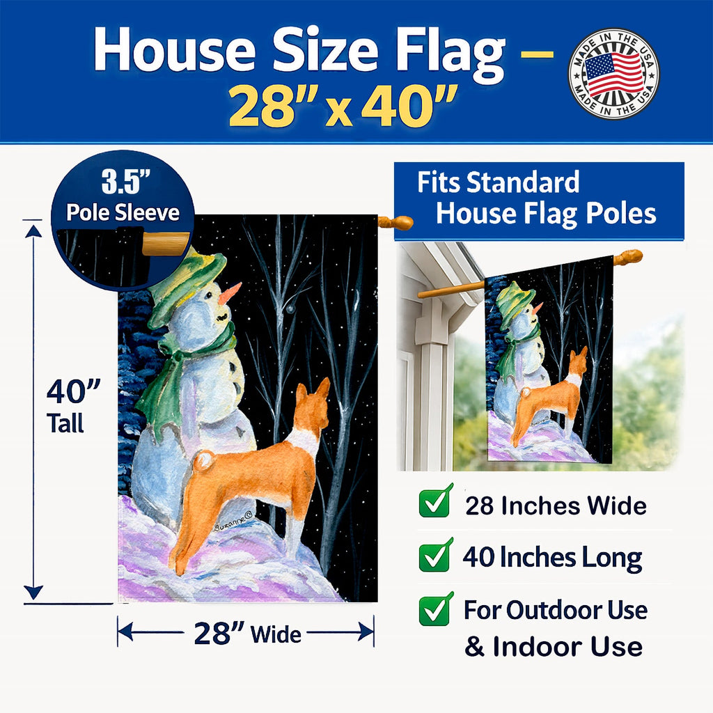 Snowman with Basenji House Flag 28x40 Porch Sleeve Pole Decorative Outside Yard Banner Artwork Wall Hanging, Polyester