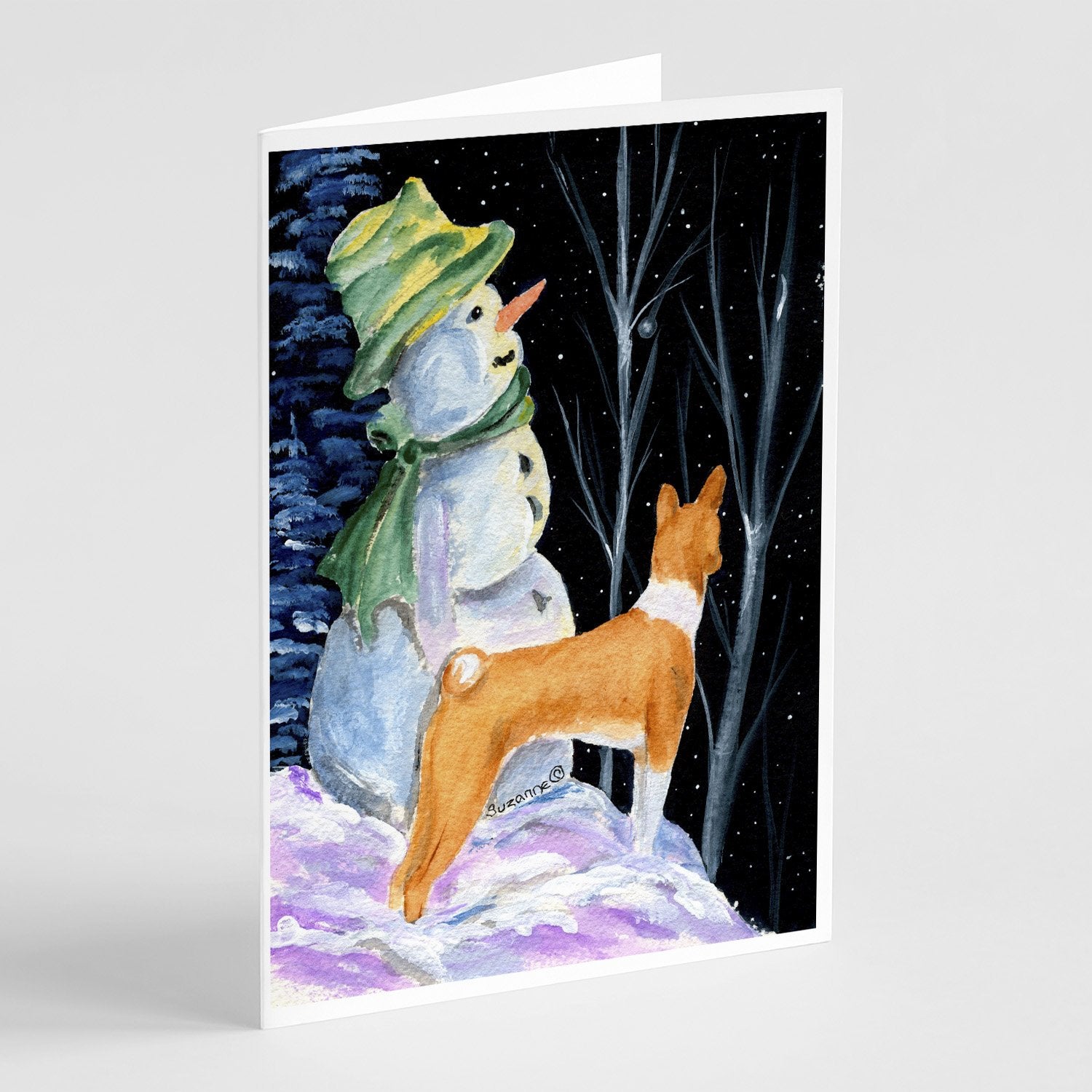 Snowman with Basenji Greeting Cards Pack of 8 Blank Cards with Envelopes Whimsical A7 Size 5x7