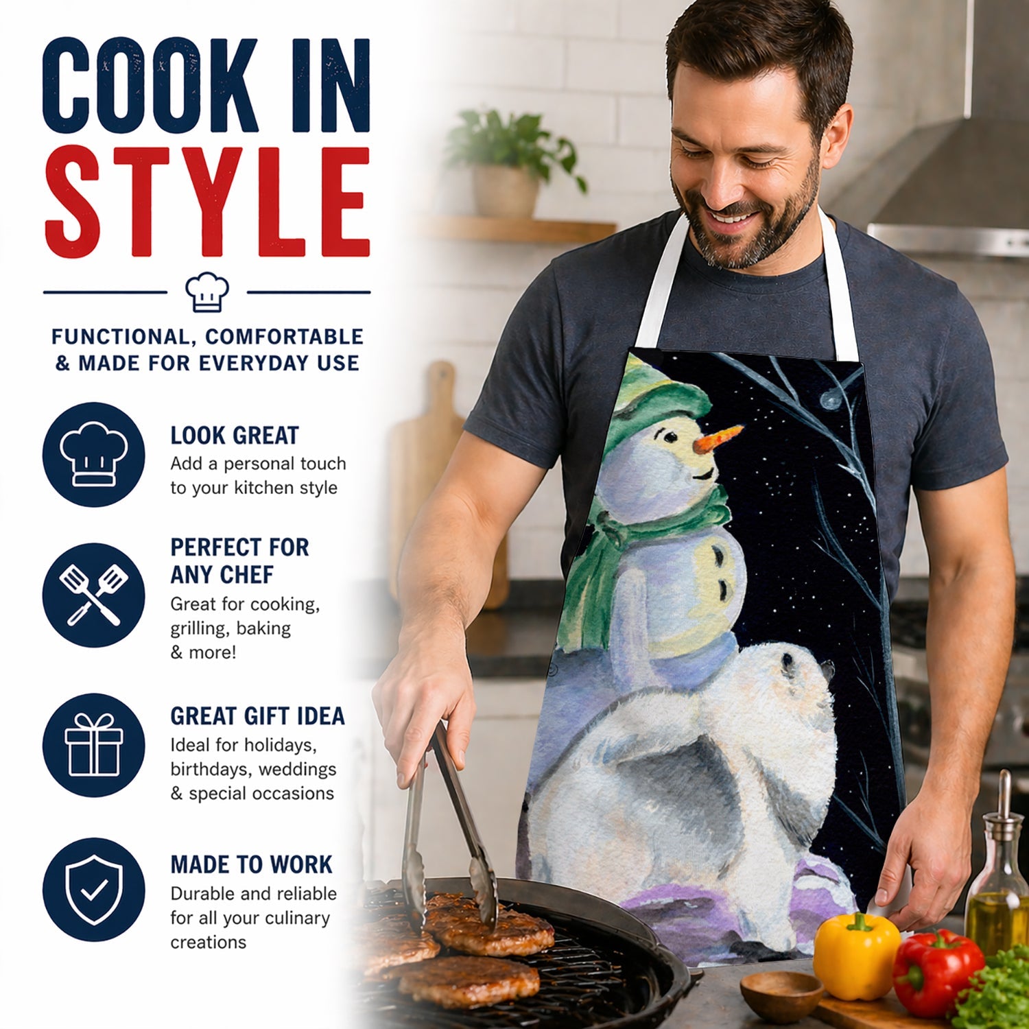 Snowman with Keeshond Apron Cooking Kitchen Server Baking Crafts Gardening for Adult Women Men, Unisex, Large, Multicolor