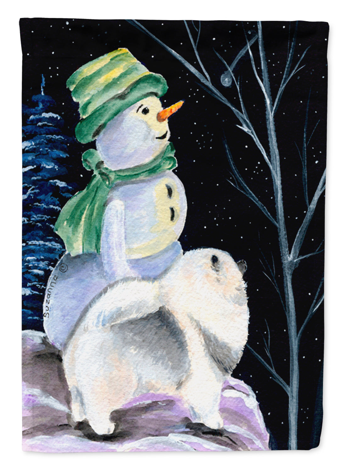 Snowman with Keeshond House Flag 28x40 Porch Sleeve Pole Decorative Outside Yard Banner Artwork Wall Hanging, Polyester