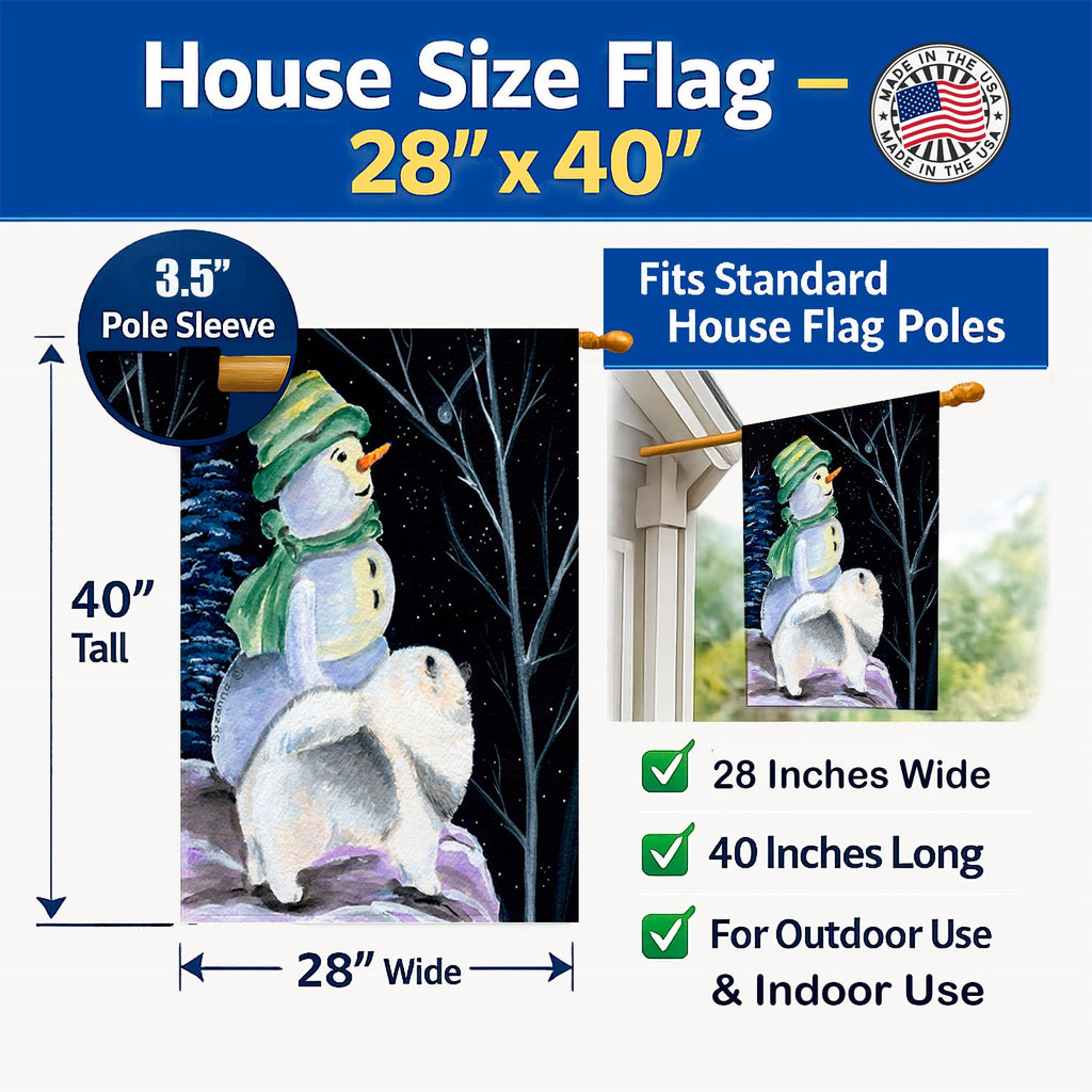 Snowman with Keeshond House Flag 28x40 Porch Sleeve Pole Decorative Outside Yard Banner Artwork Wall Hanging, Polyester