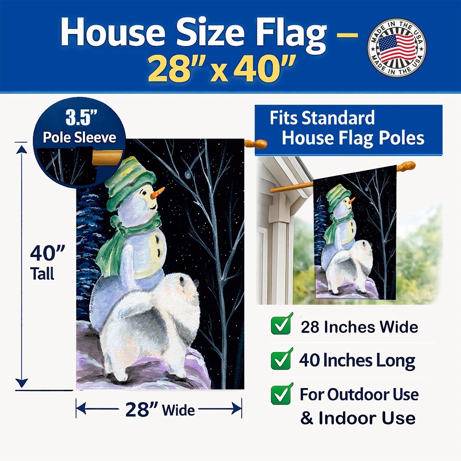 Snowman with Keeshond House Flag 28x40 Porch Sleeve Pole Decorative Outside Yard Banner Artwork Wall Hanging, Polyester
