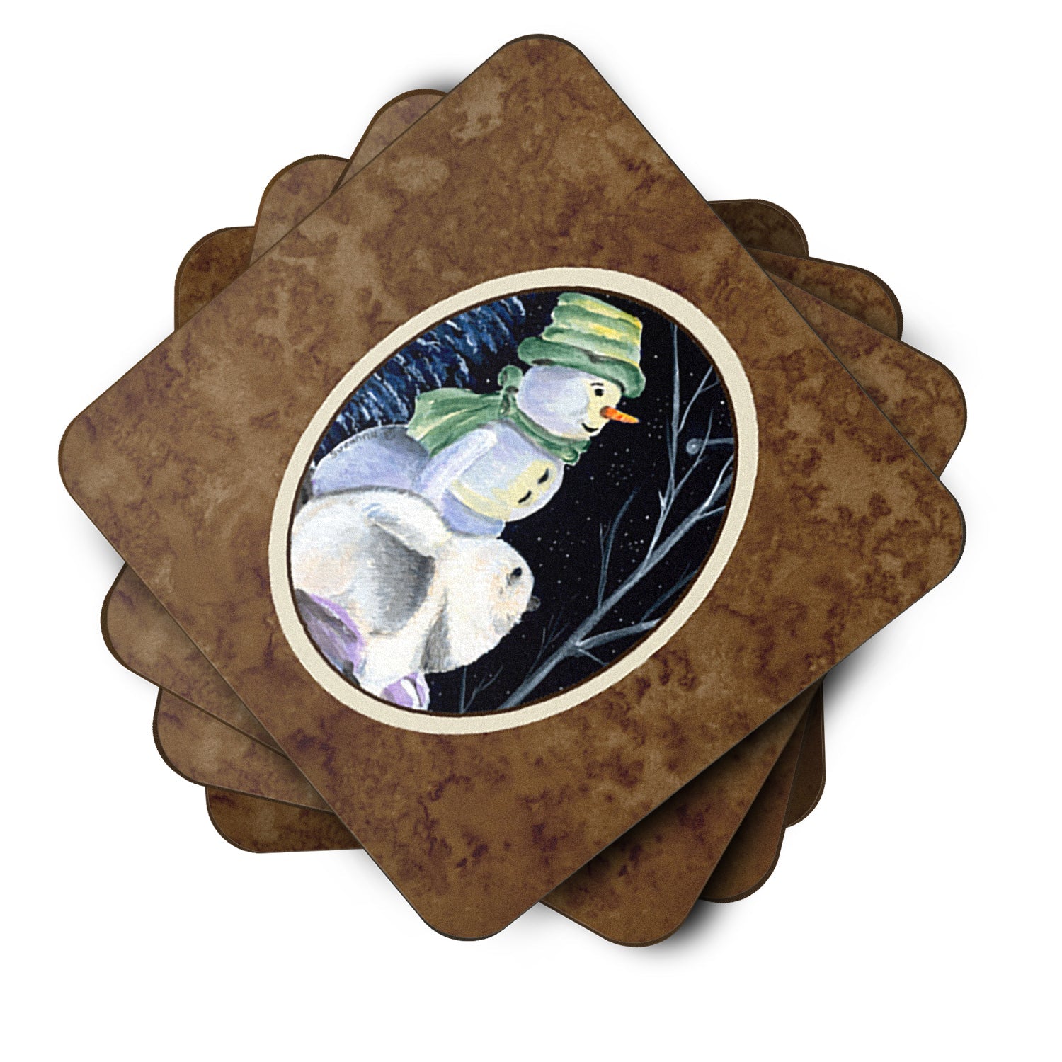 Snowman with Keeshond Foam Coasters Set of 4 Cup Coasters for Indoor Outdoor, Tabletop Protection, Anti Slip, Mouse pad Material