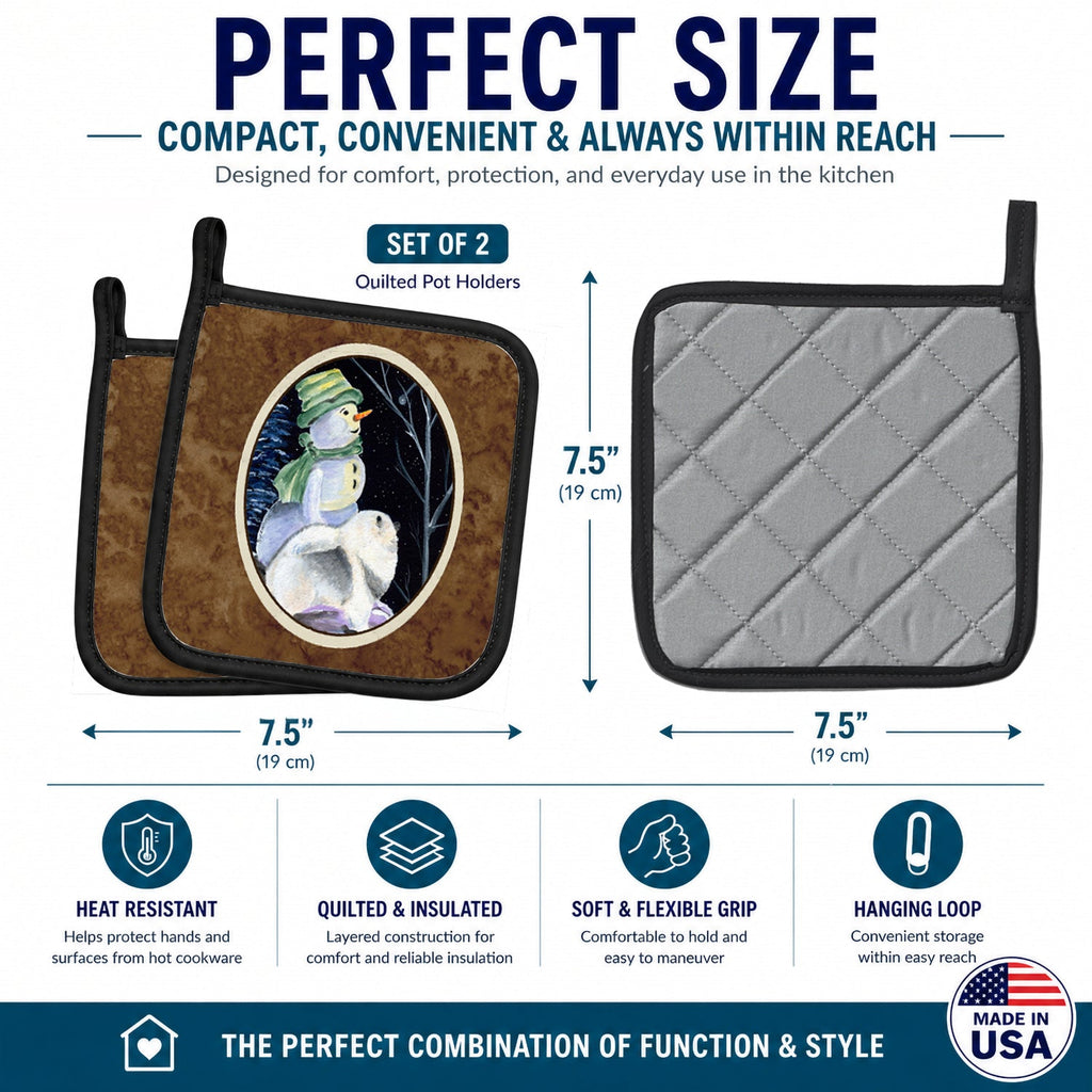 Snowman with Keeshond Pot Holder Set of 2 Heat Resistant Quilted Hot Pads 7.5 x 7.5 Inch, Insulated Kitchen Trivets for Cooking & Baking