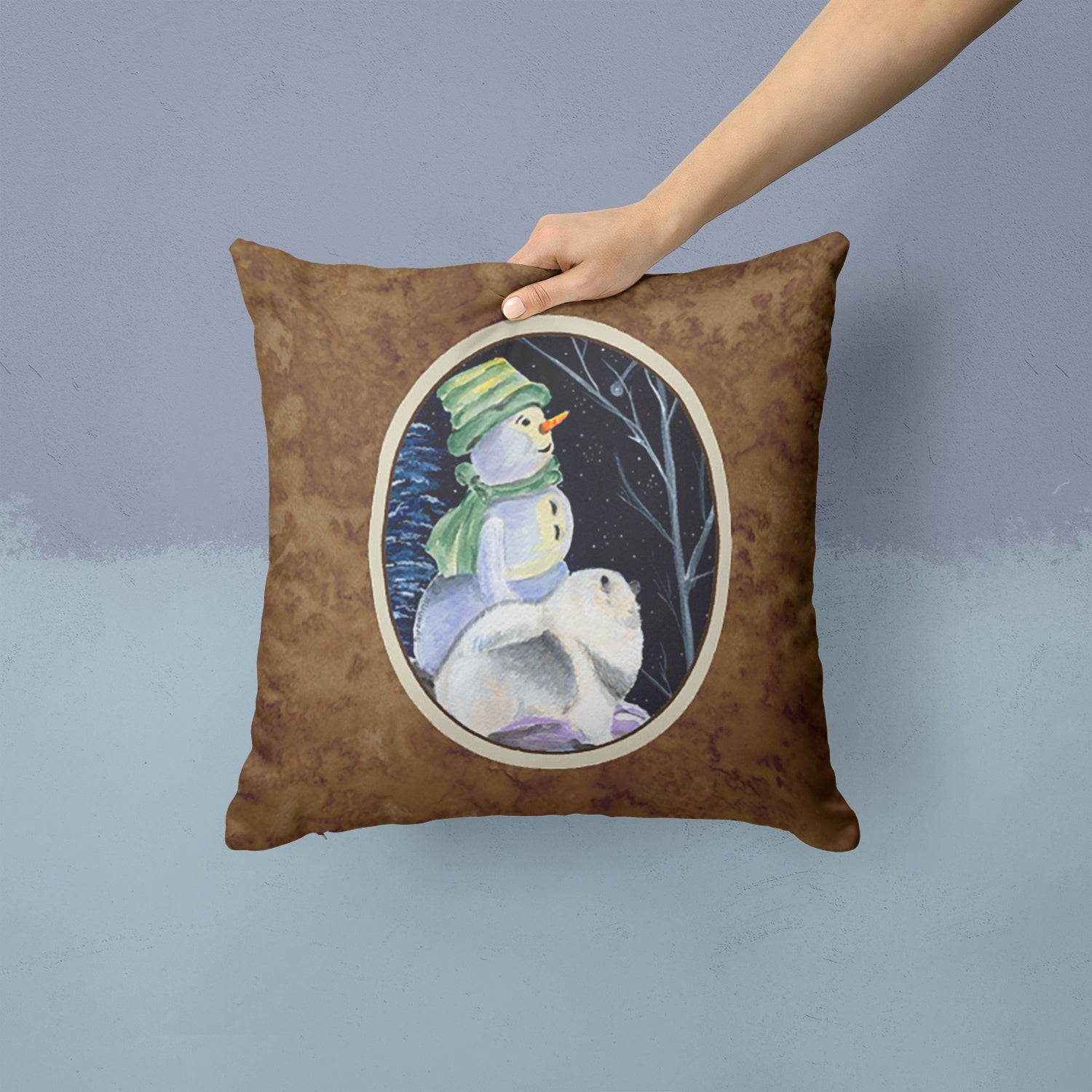 Snowman with Keeshond Decorative Throw Pillow 14x14 Indoor Outdoor Accent Cushion, Fabric Cover with Insert for Sofa, Bed, Porch & Living Room
