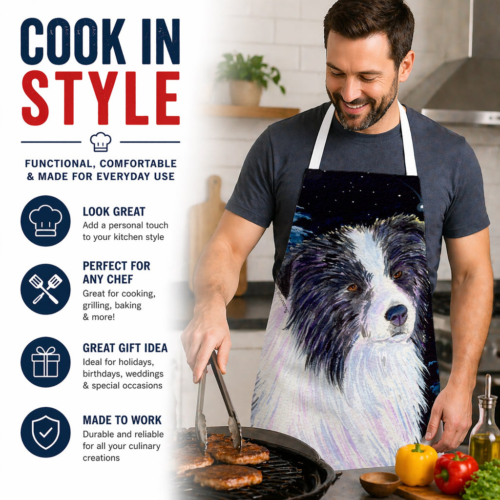Starry Night Border Collie Apron Cooking Kitchen Server Baking Crafts Gardening for Adult Women Men, Unisex, Large, Multicolor