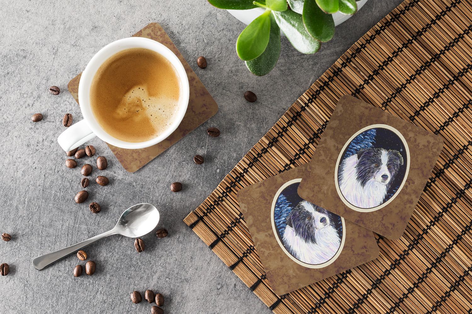 Starry Night Border Collie Foam Coasters Set of 4 Cup Coasters for Indoor Outdoor, Tabletop Protection, Anti Slip, Mouse pad Material