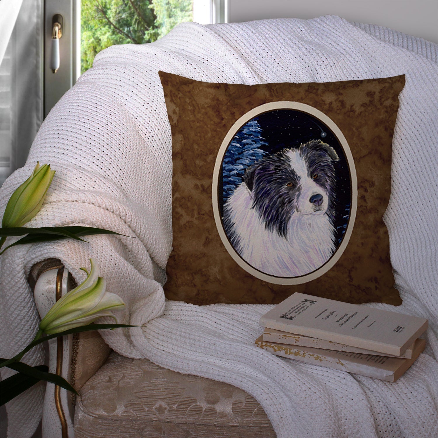 Starry Night Border Collie Decorative Throw Pillow 14x14 Indoor Outdoor Accent Cushion, Fabric Cover with Insert for Sofa, Bed, Porch & Living Room