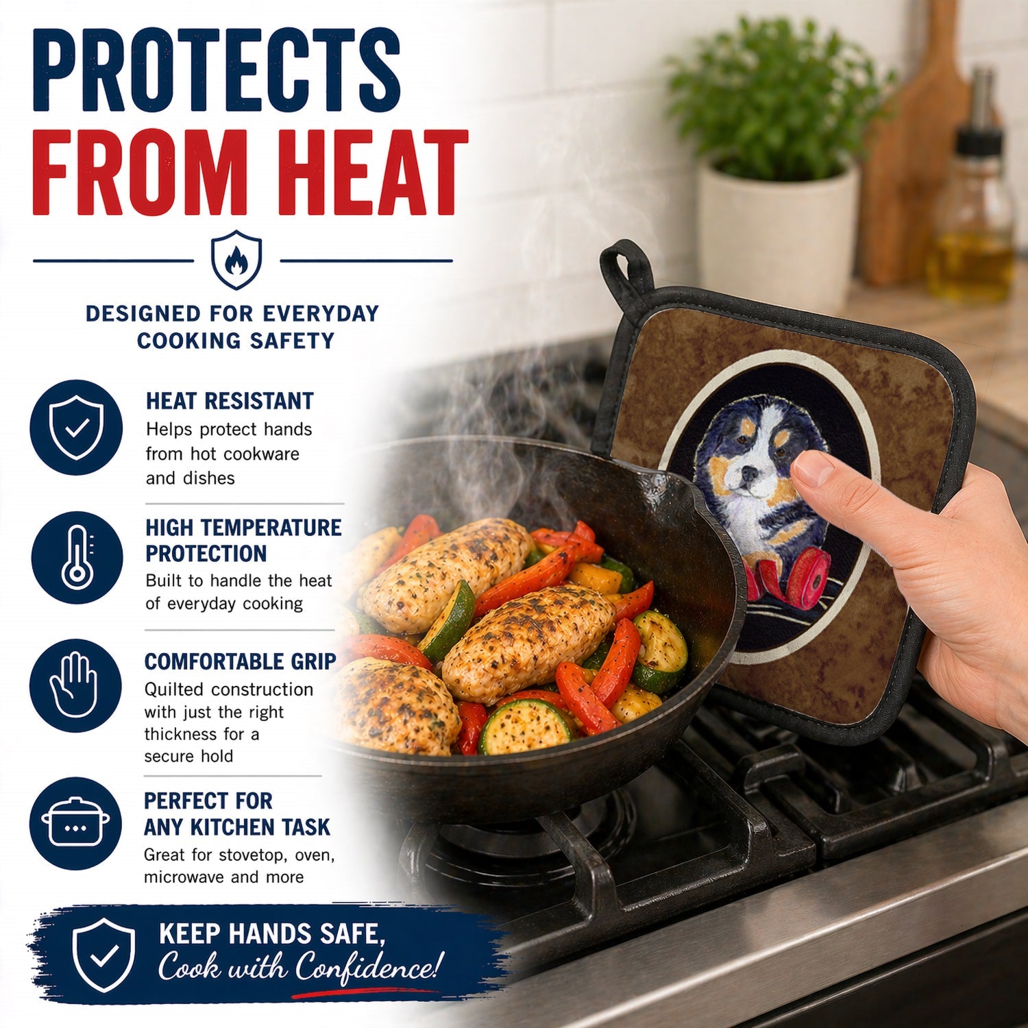 Bernese Mountain Dog Pot Holder Set of 2 Heat Resistant Quilted Hot Pads 7.5 x 7.5 Inch, Insulated Kitchen Trivets for Cooking & Baking
