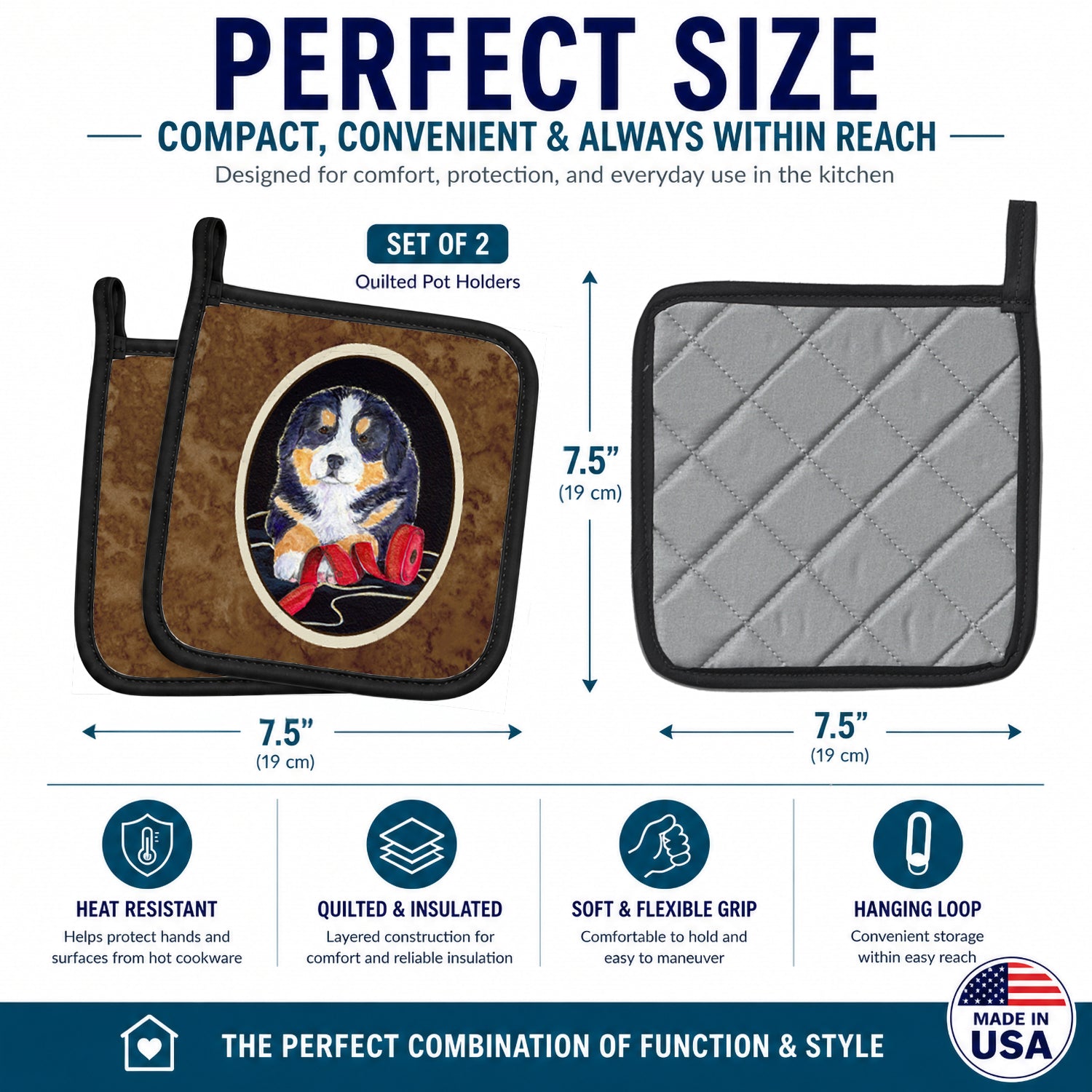 Bernese Mountain Dog Pot Holder Set of 2 Heat Resistant Quilted Hot Pads 7.5 x 7.5 Inch, Insulated Kitchen Trivets for Cooking & Baking