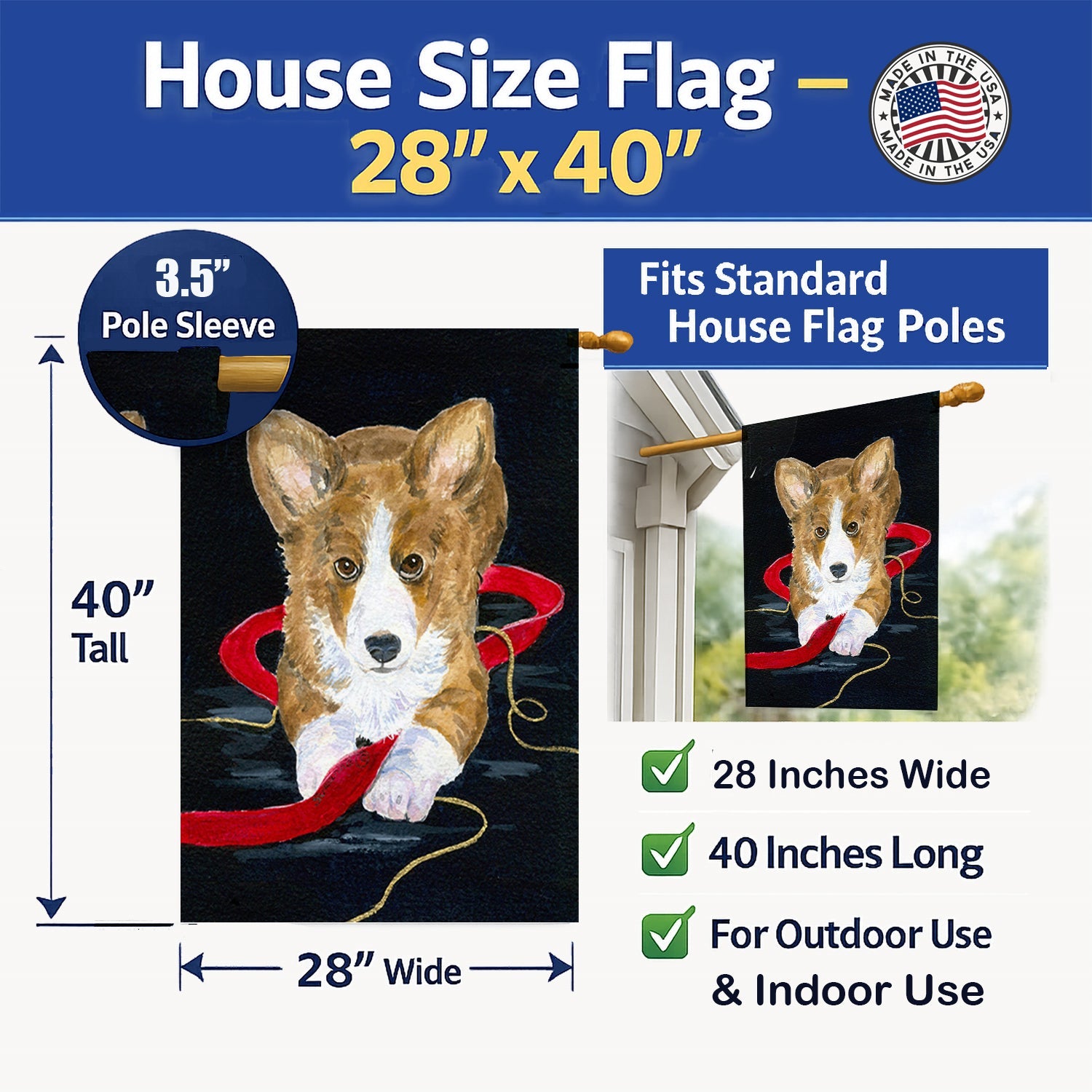 Corgi House Flag 28x40 Porch Sleeve Pole Decorative Outside Yard Banner Artwork Wall Hanging, Polyester
