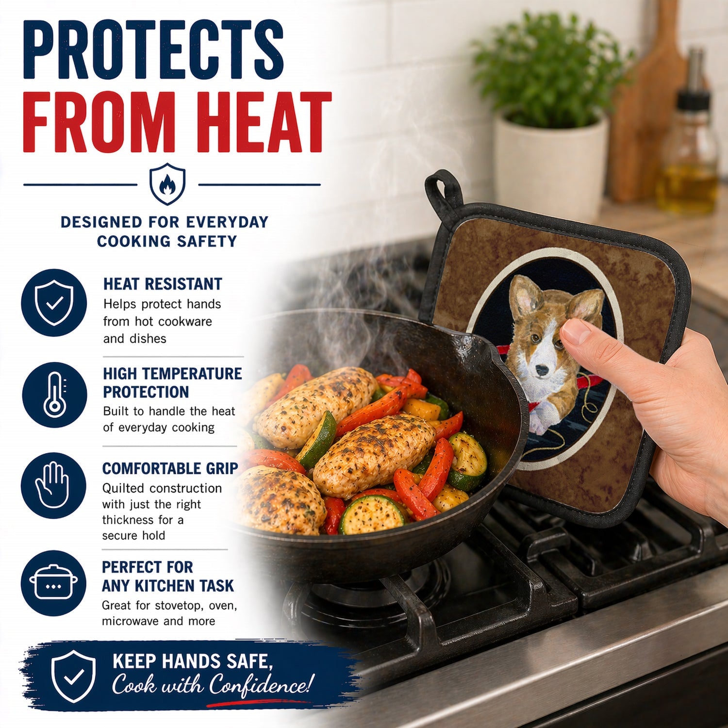 Corgi Pot Holder Set of 2 Heat Resistant Quilted Hot Pads 7.5 x 7.5 Inch, Insulated Kitchen Trivets for Cooking & Baking