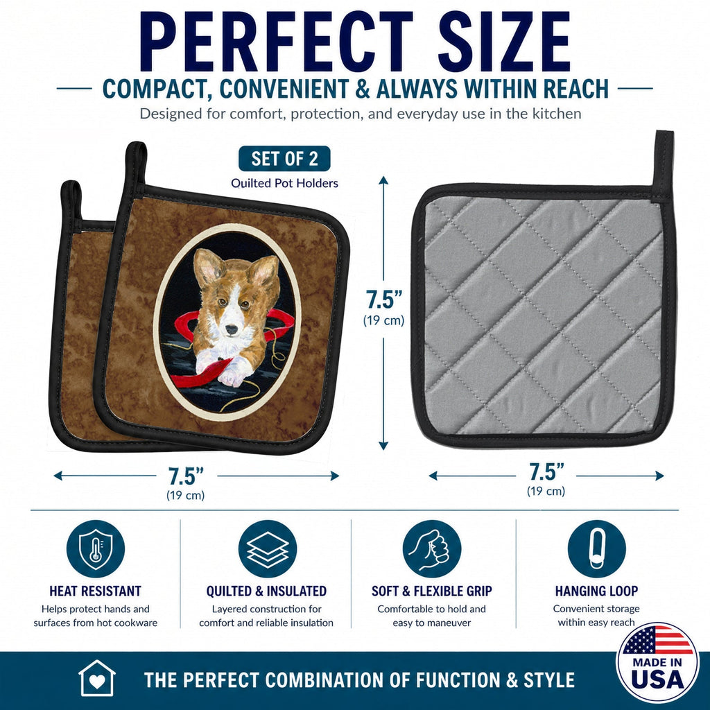 Corgi Pot Holder Set of 2 Heat Resistant Quilted Hot Pads 7.5 x 7.5 Inch, Insulated Kitchen Trivets for Cooking & Baking