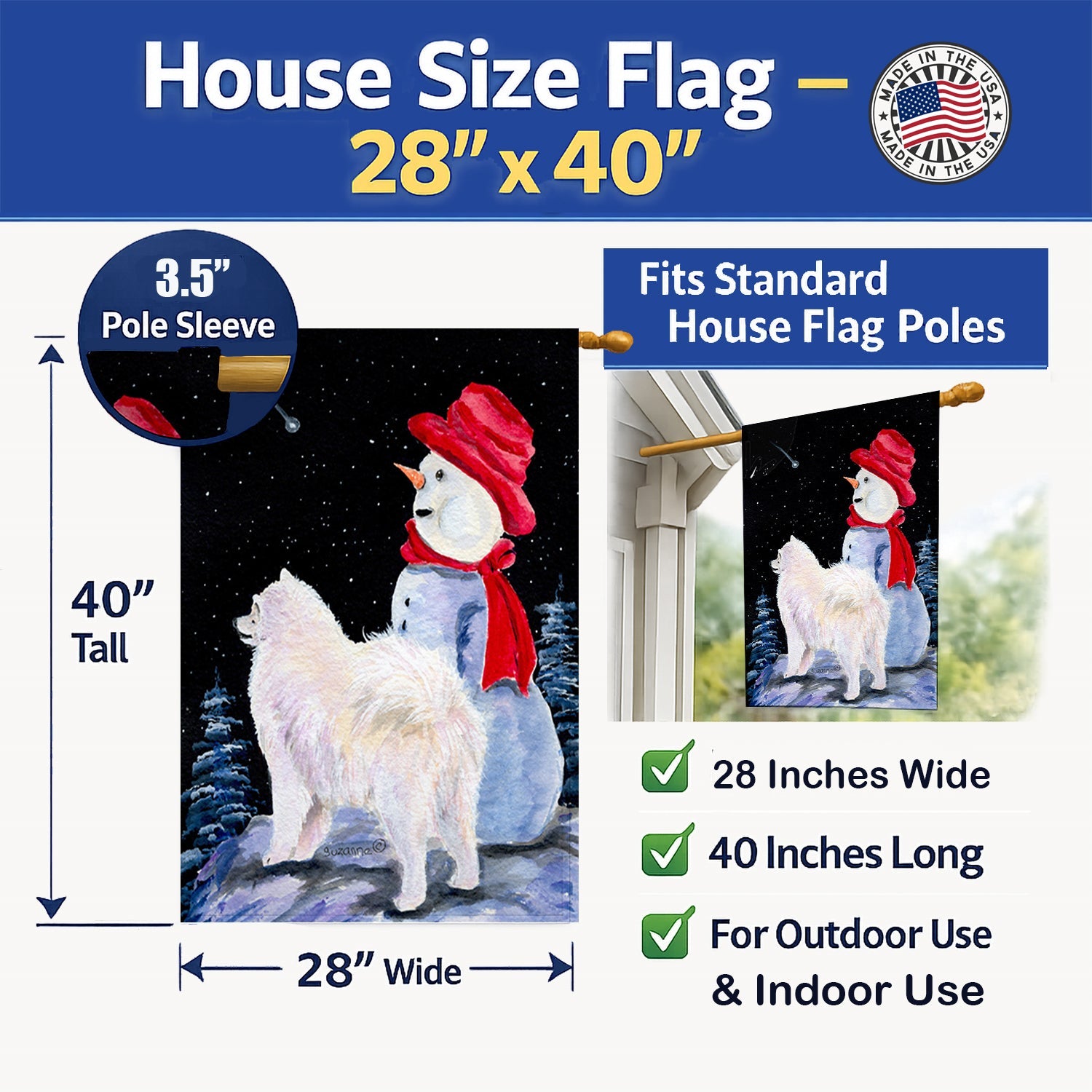 Samoyed House Flag 28x40 Porch Sleeve Pole Decorative Outside Yard Banner Artwork Wall Hanging, Polyester