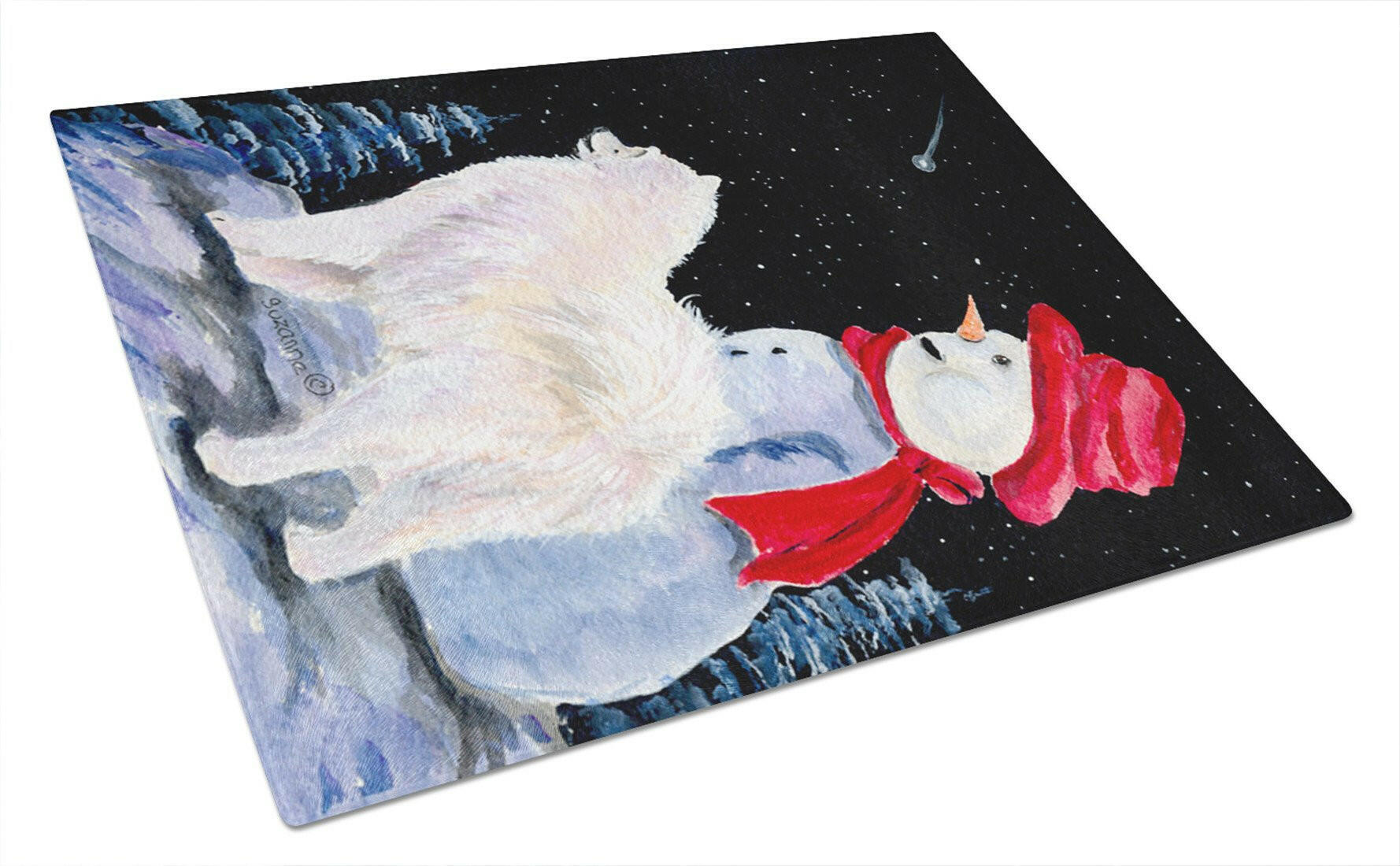 Samoyed Cutting Board Tempered Glass Kitchen Cutting Surface, Heat Resistant Chopping, Non-Slip Feet, Food Prep & Serving