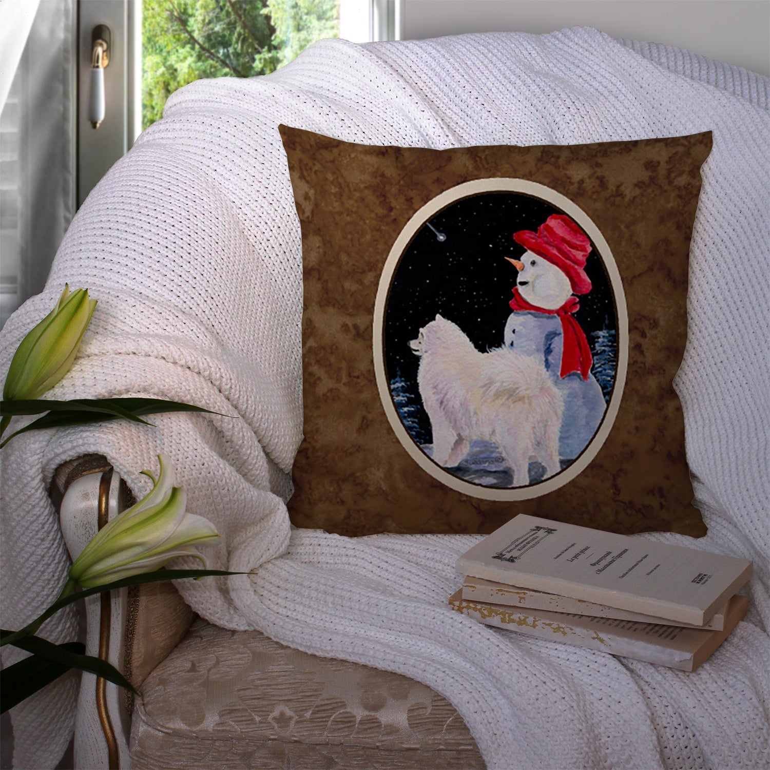 Samoyed Decorative Throw Pillow 14x14 Indoor Outdoor Accent Cushion, Fabric Cover with Insert for Sofa, Bed, Porch & Living Room