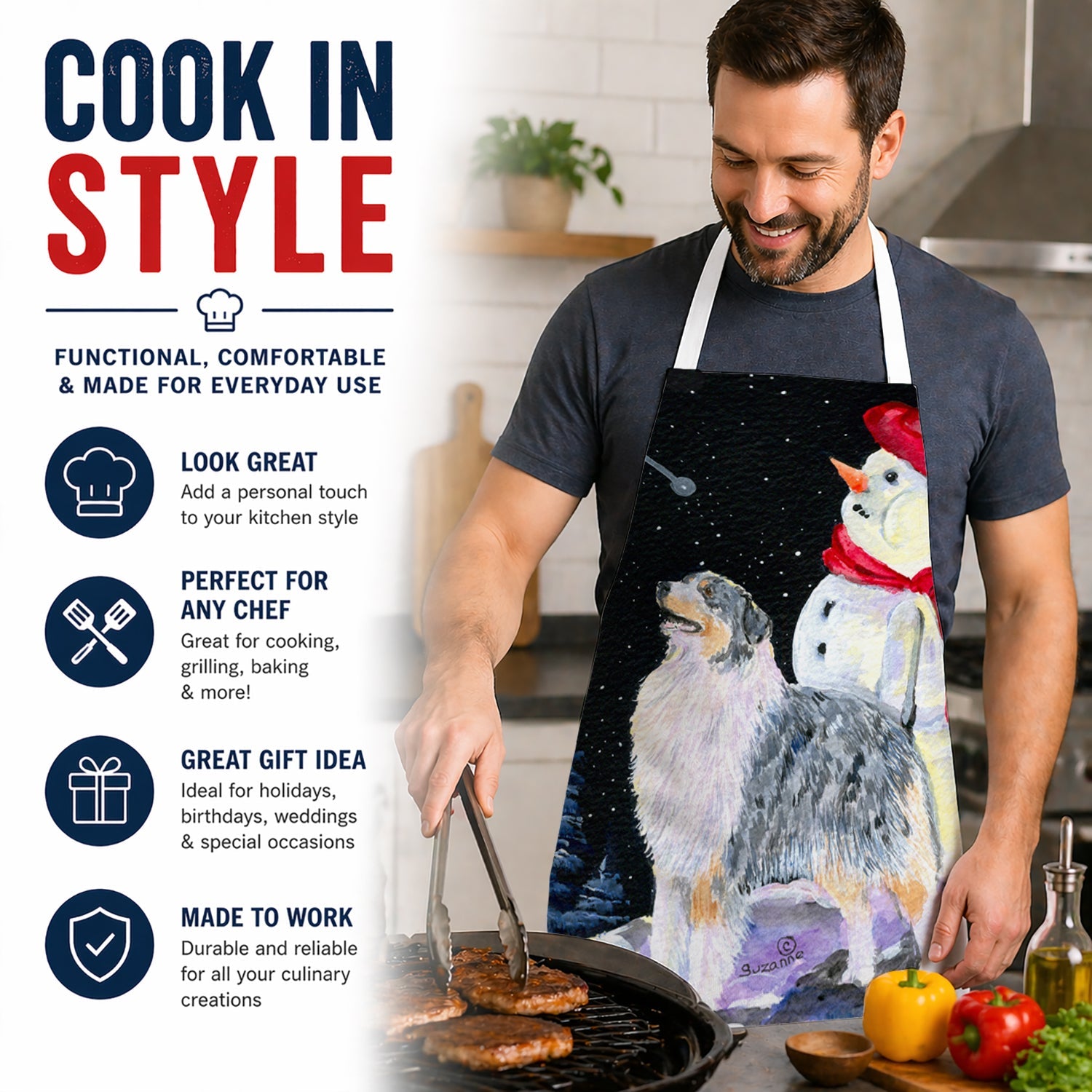 Australian Shepherd Apron Cooking Kitchen Server Baking Crafts Gardening for Adult Women Men, Unisex, Large, Multicolor