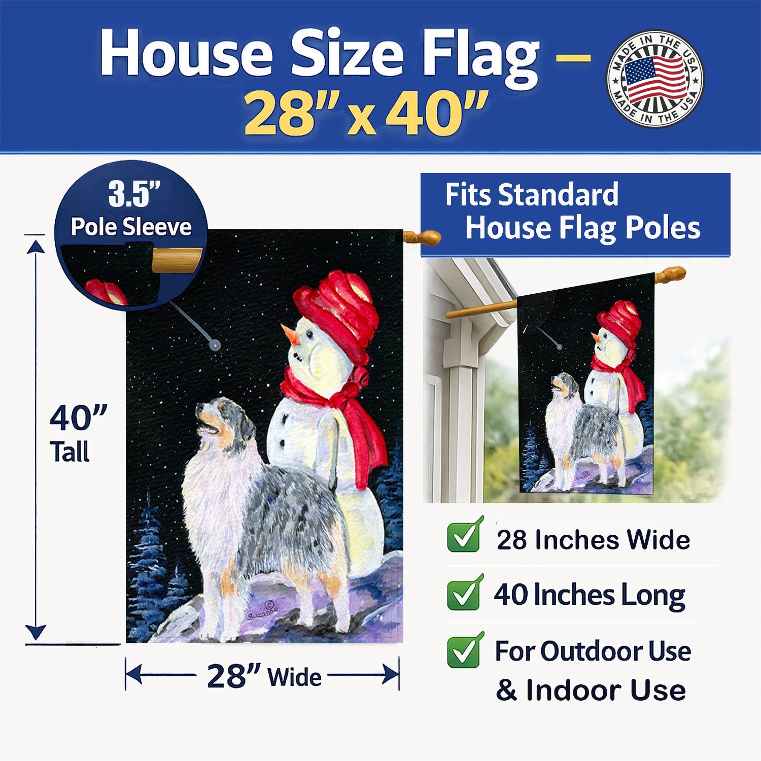 Australian Shepherd House Flag 28x40 Porch Sleeve Pole Decorative Outside Yard Banner Artwork Wall Hanging, Polyester