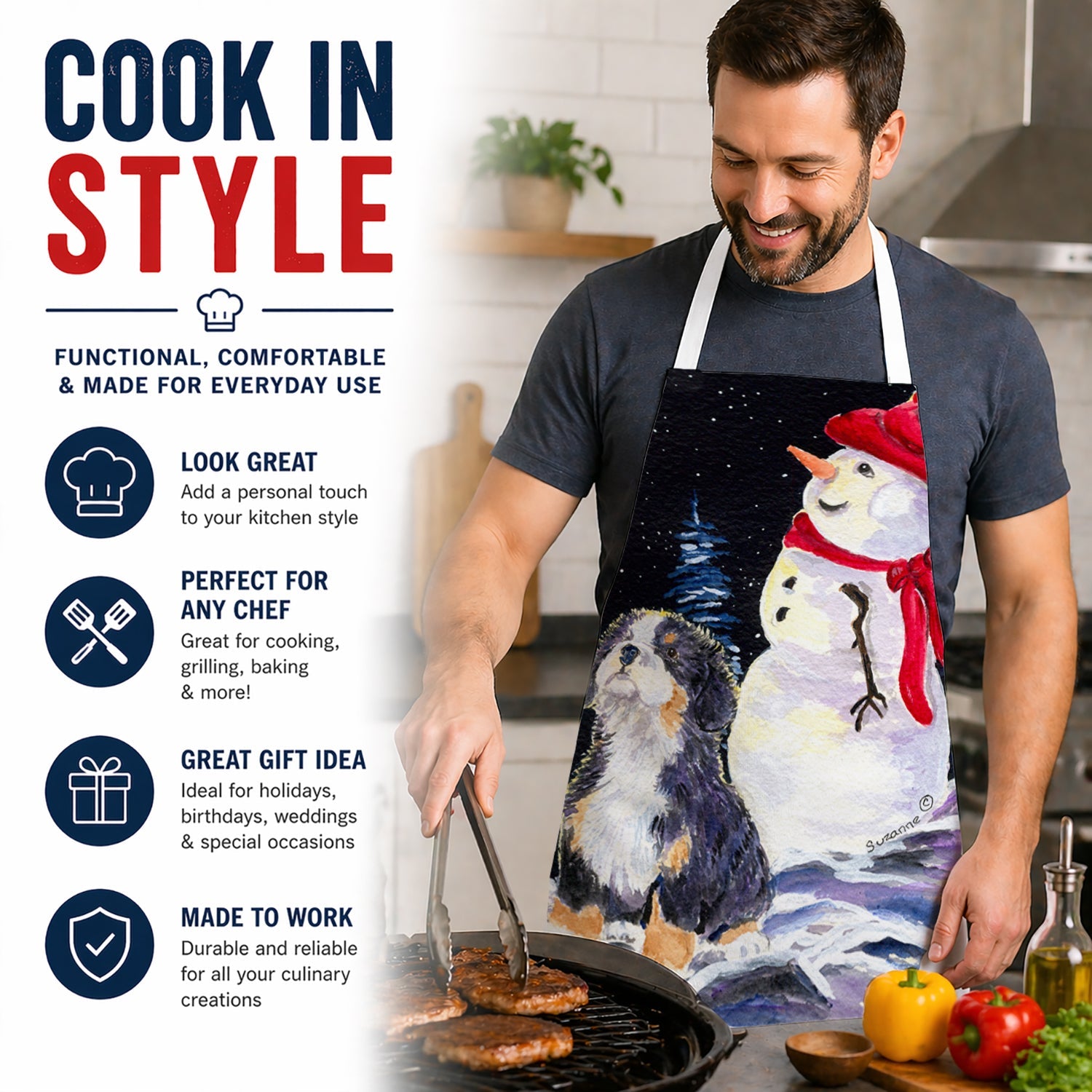 Bernese Mountain Dog Apron Cooking Kitchen Server Baking Crafts Gardening for Adult Women Men, Unisex, Large, Multicolor