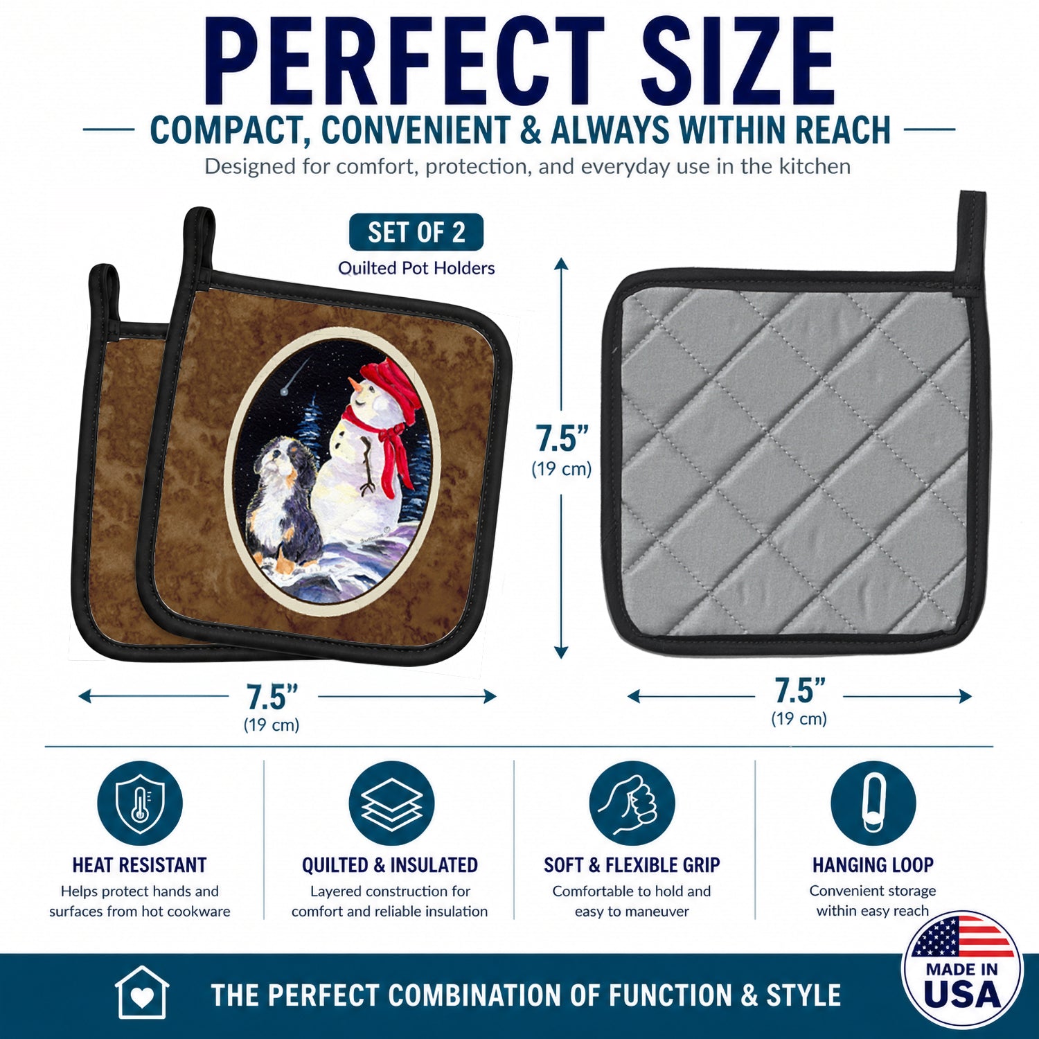 Bernese Mountain Dog Pot Holder Set of 2 Heat Resistant Quilted Hot Pads 7.5 x 7.5 Inch, Insulated Kitchen Trivets for Cooking & Baking
